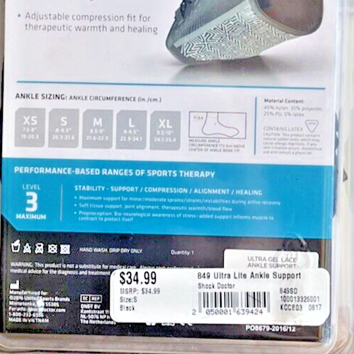 Shock Doctor Ankle Support Ultra Gel Wrap Lace Black Level 3 S Small NIB Sport