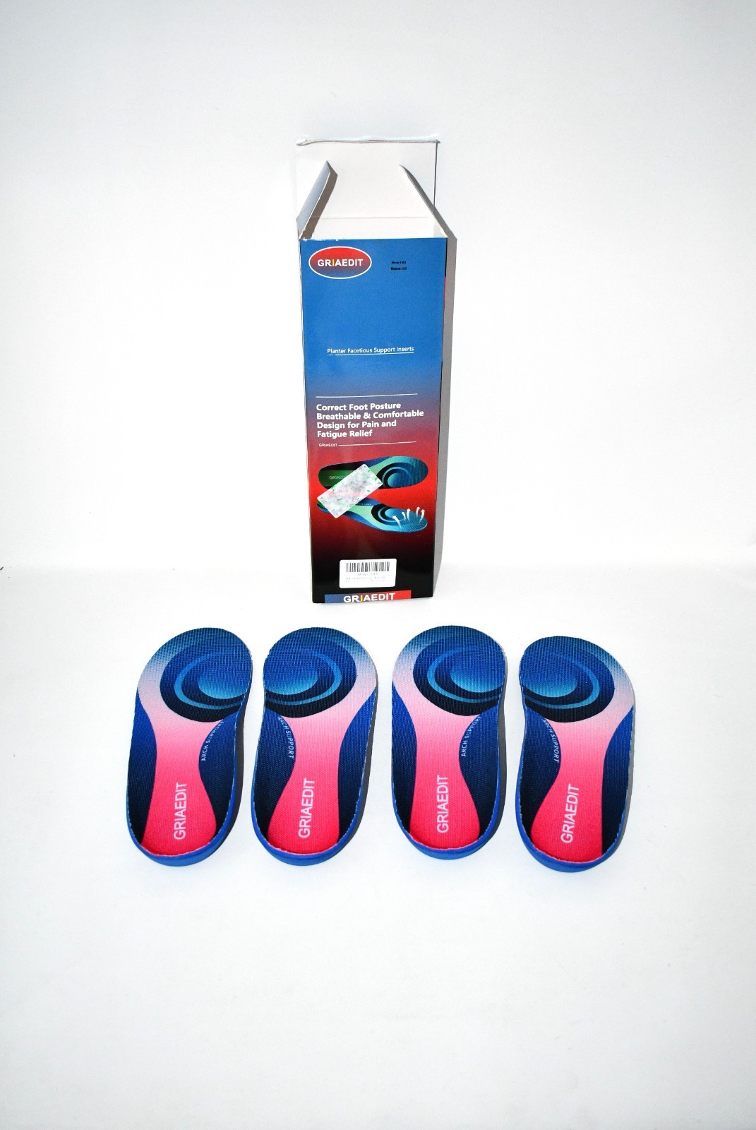 GRIAEDIT Plantar Fasciitis Insoles Arch Support, Orthotic Inserts, Blue, NWT