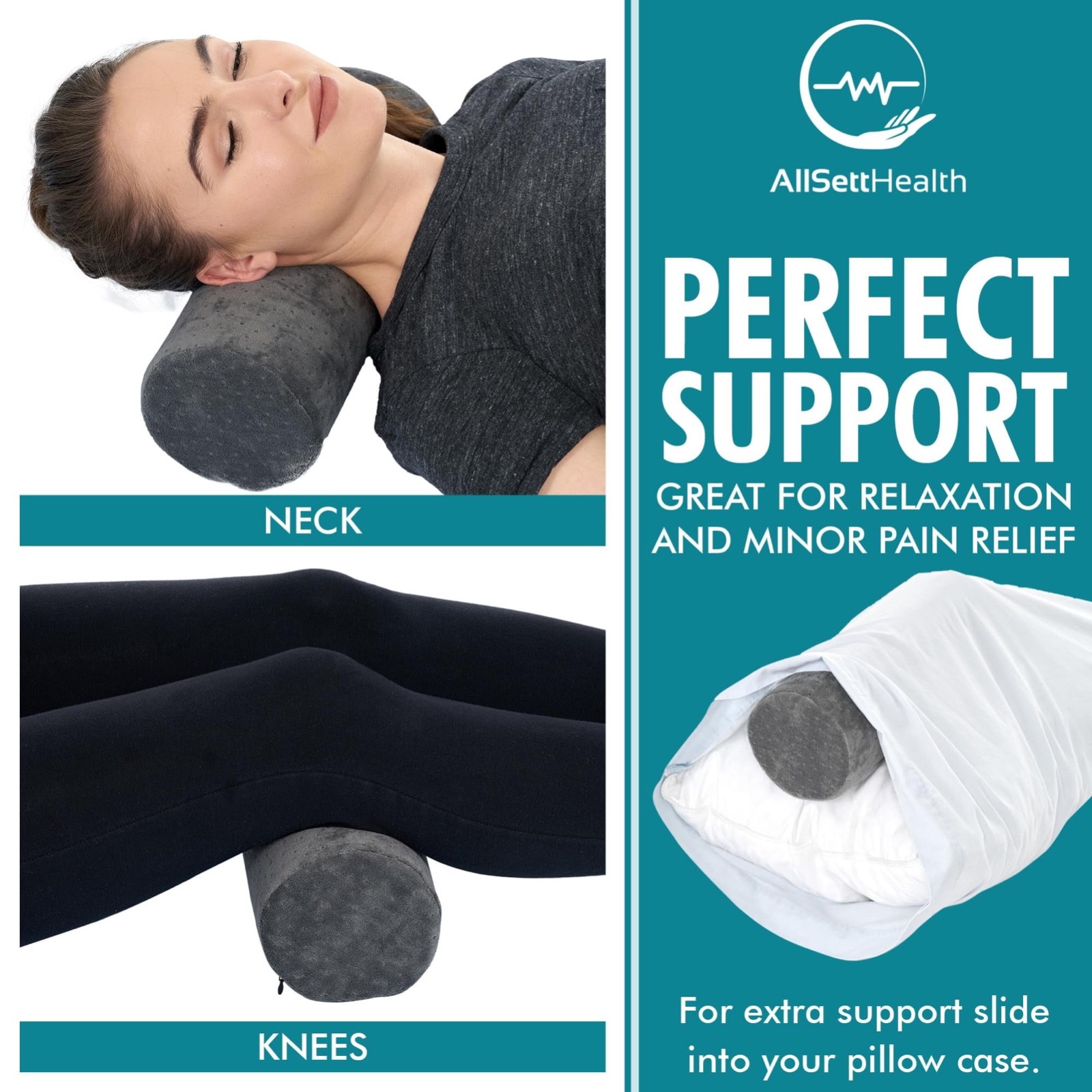 AllSettHealth Gray Neck Roll pillow that emphasizes comfort, health benefits