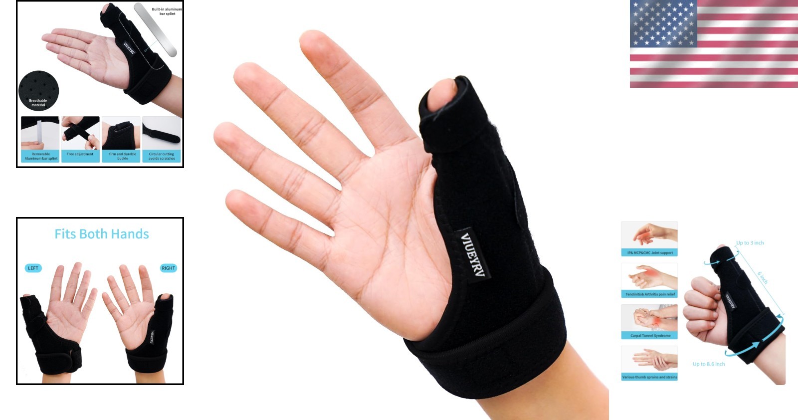 Adjustable Thumb Splint – Breathable Support Brace for Pain Relief, Black