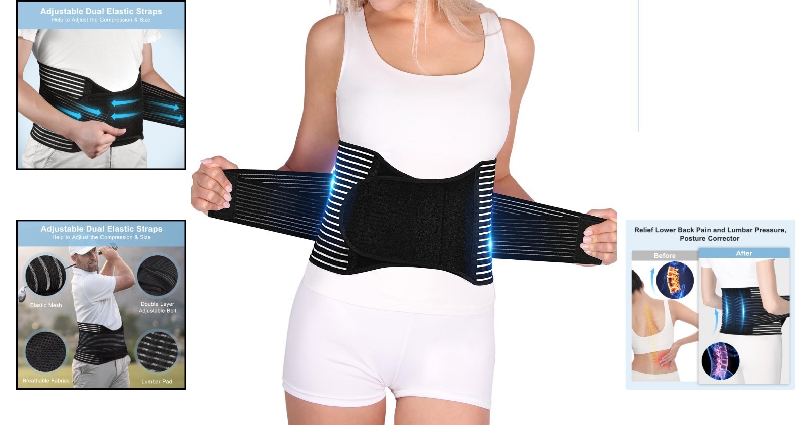 Lumbar Pad Back Brace – Adjustable Breathable Support for Lower Back Pain, L/XL