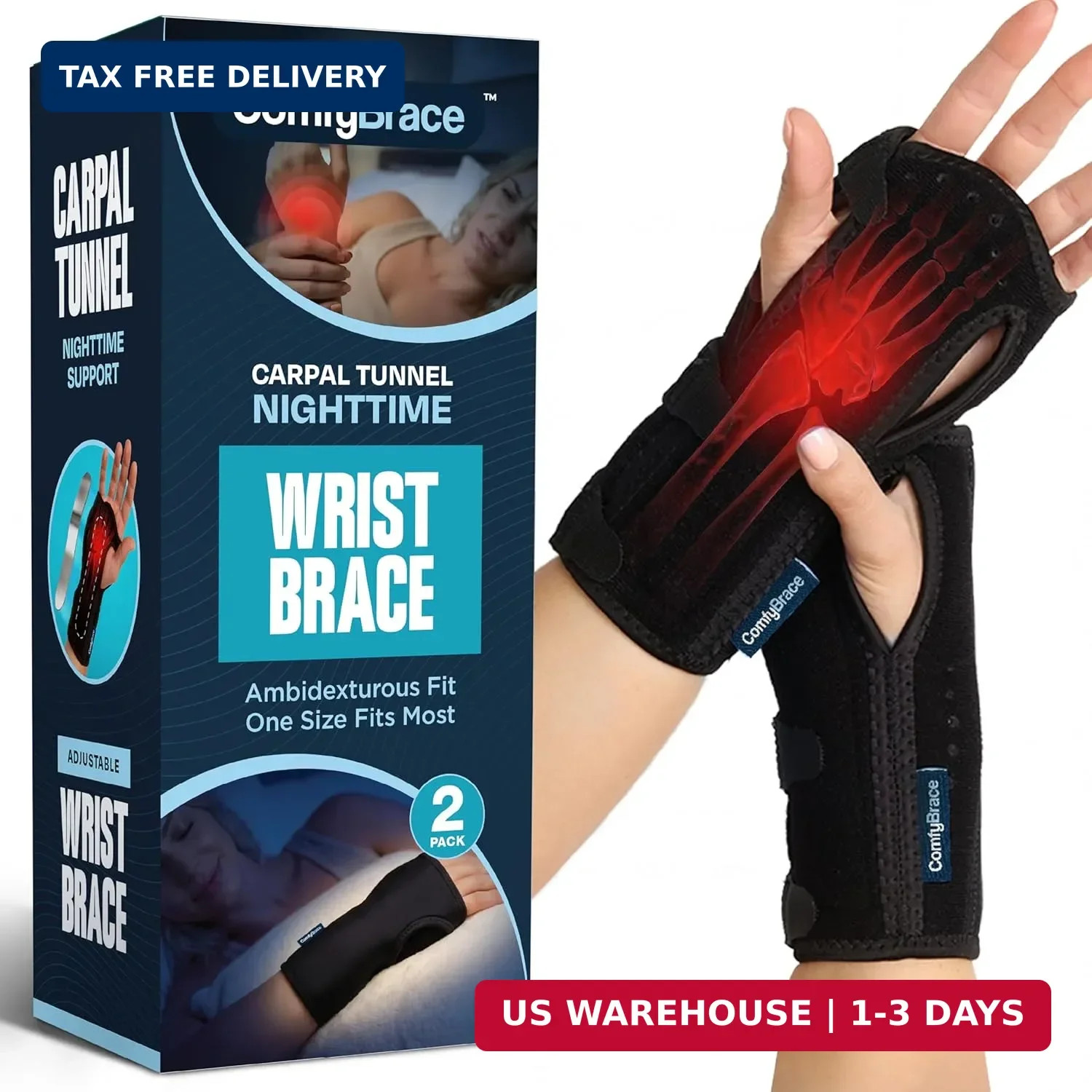 ComfyBrace 2 PACK Nighttime Pain Relief Wrist Brace for Carpal Tunnel, Tendoniti