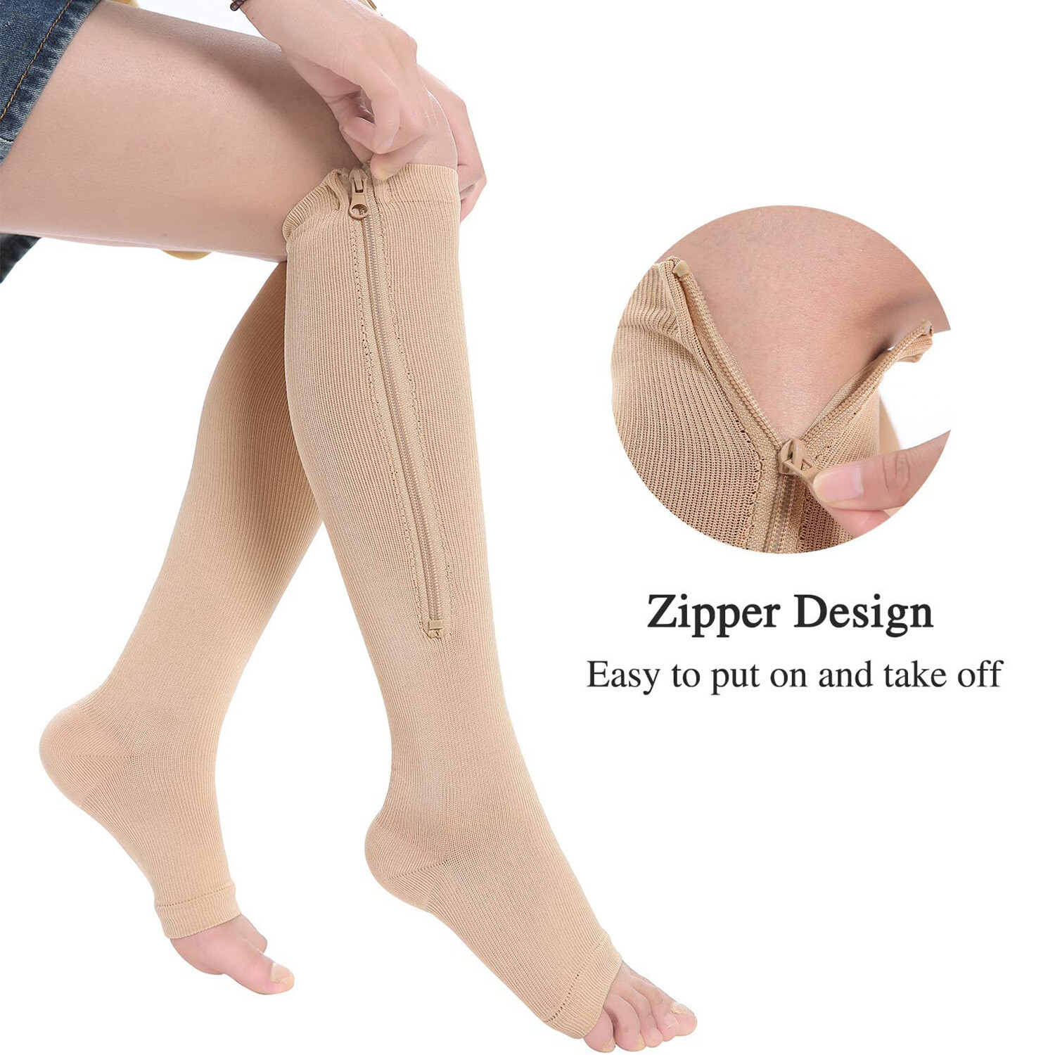 Compression Zip Up Socks Open-Toe Zipper Leg Support Unisex Socks Knee Stocking