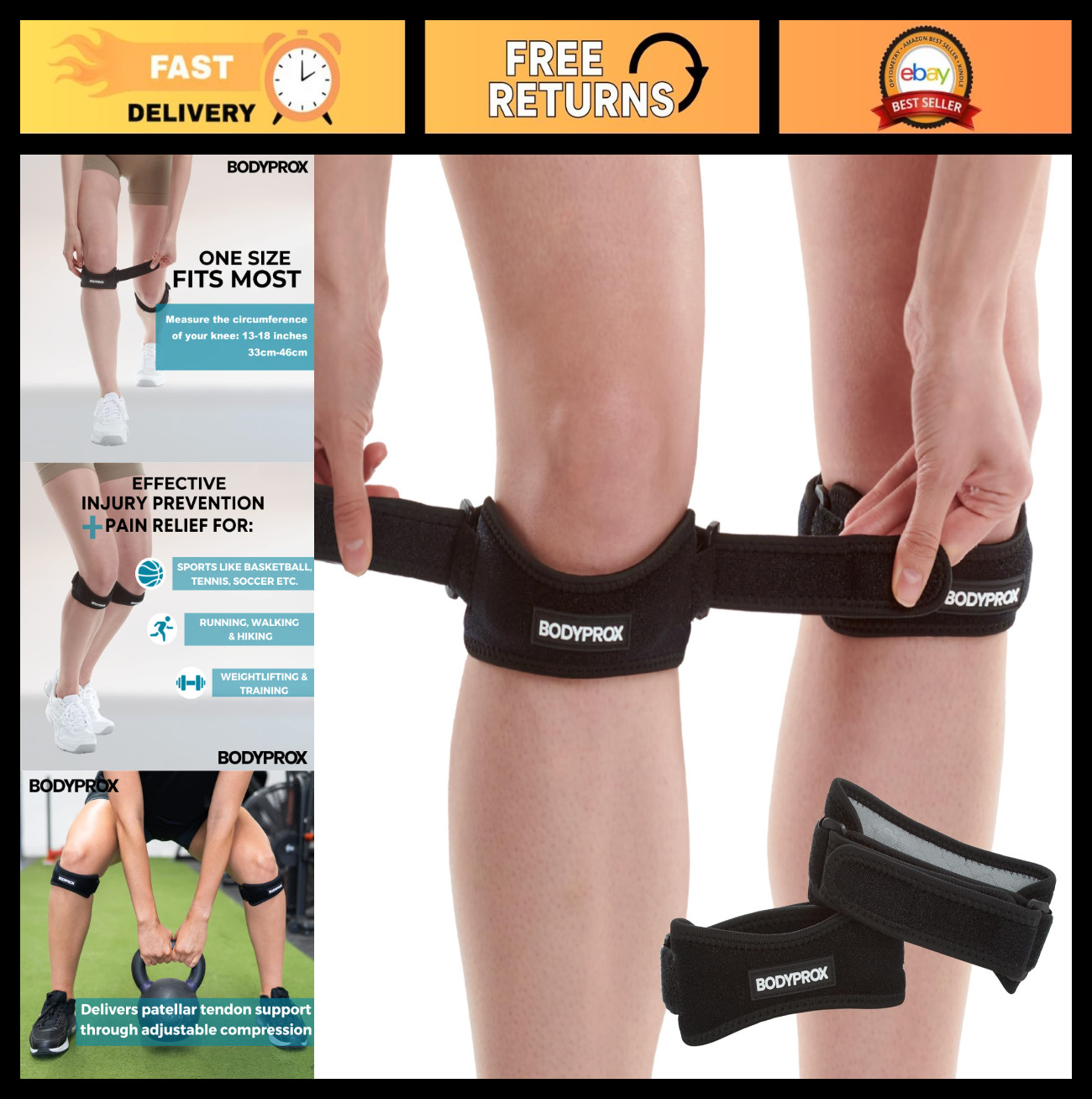 Knee Strap Support Brace 2 Pack for Pain Relief | Tendonitis, Sports, Hiking, Ru