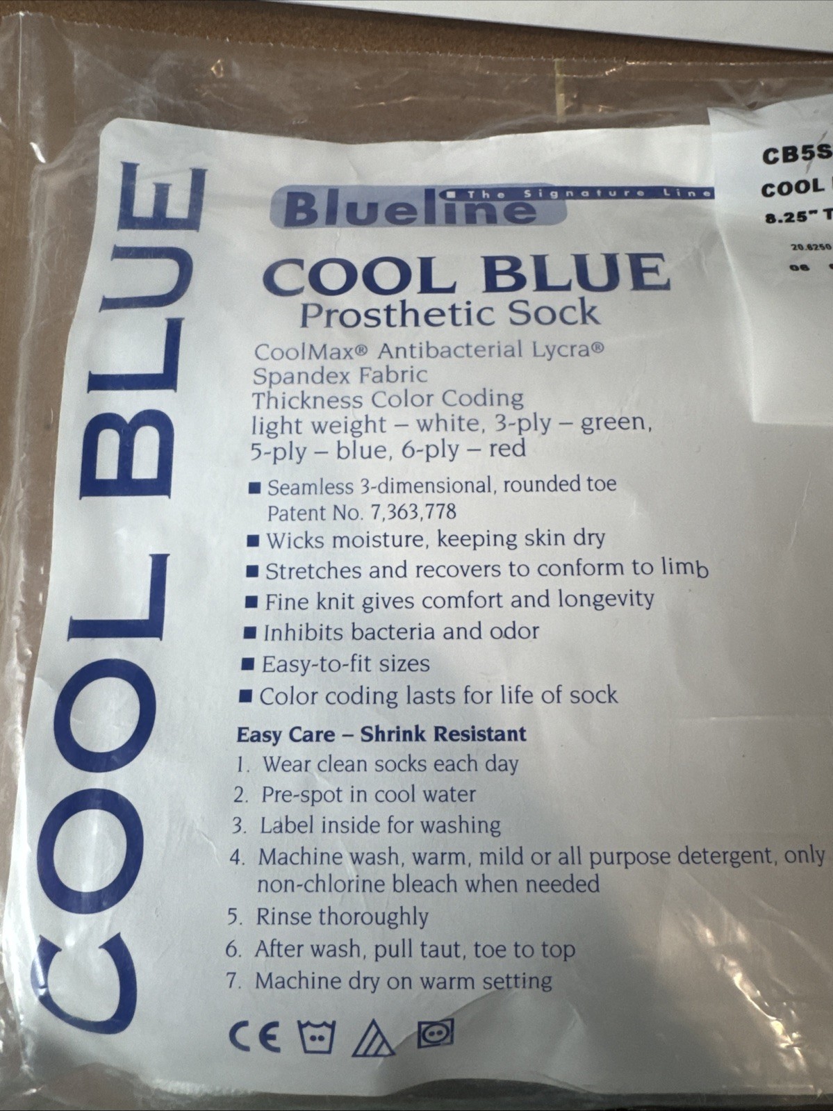 Cool Blue 5 Ply Prosthetic Sock w/ Hole 8.25” Top X 4.75” Toe X 16” CB5SWRG