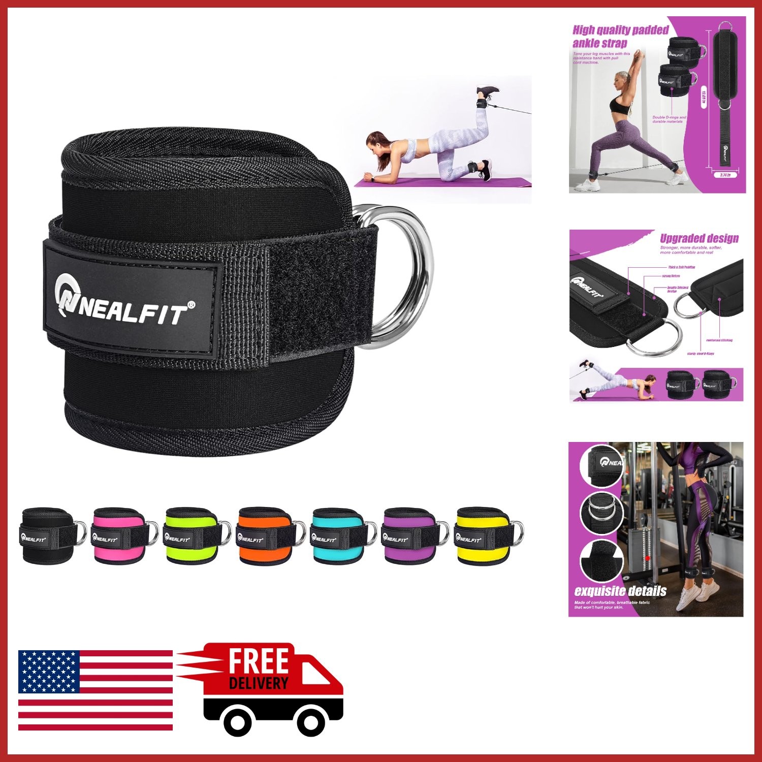 Black Ankle Strap for Cable Machines Adjustable Cuff for Glute and Leg Workouts