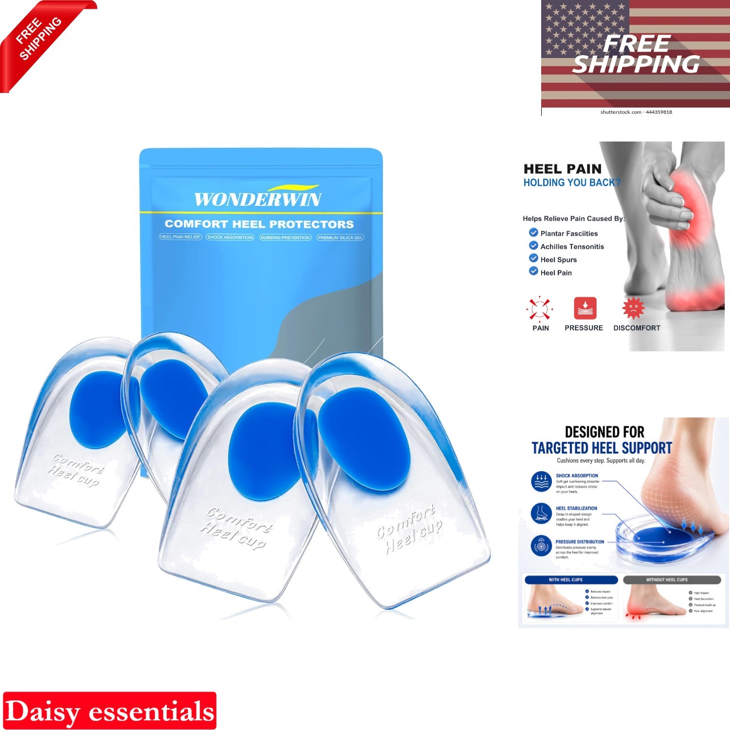 Gel Heel Cups for Heel Pain Relief Shock Absorbing Silicone Inserts for Plant…