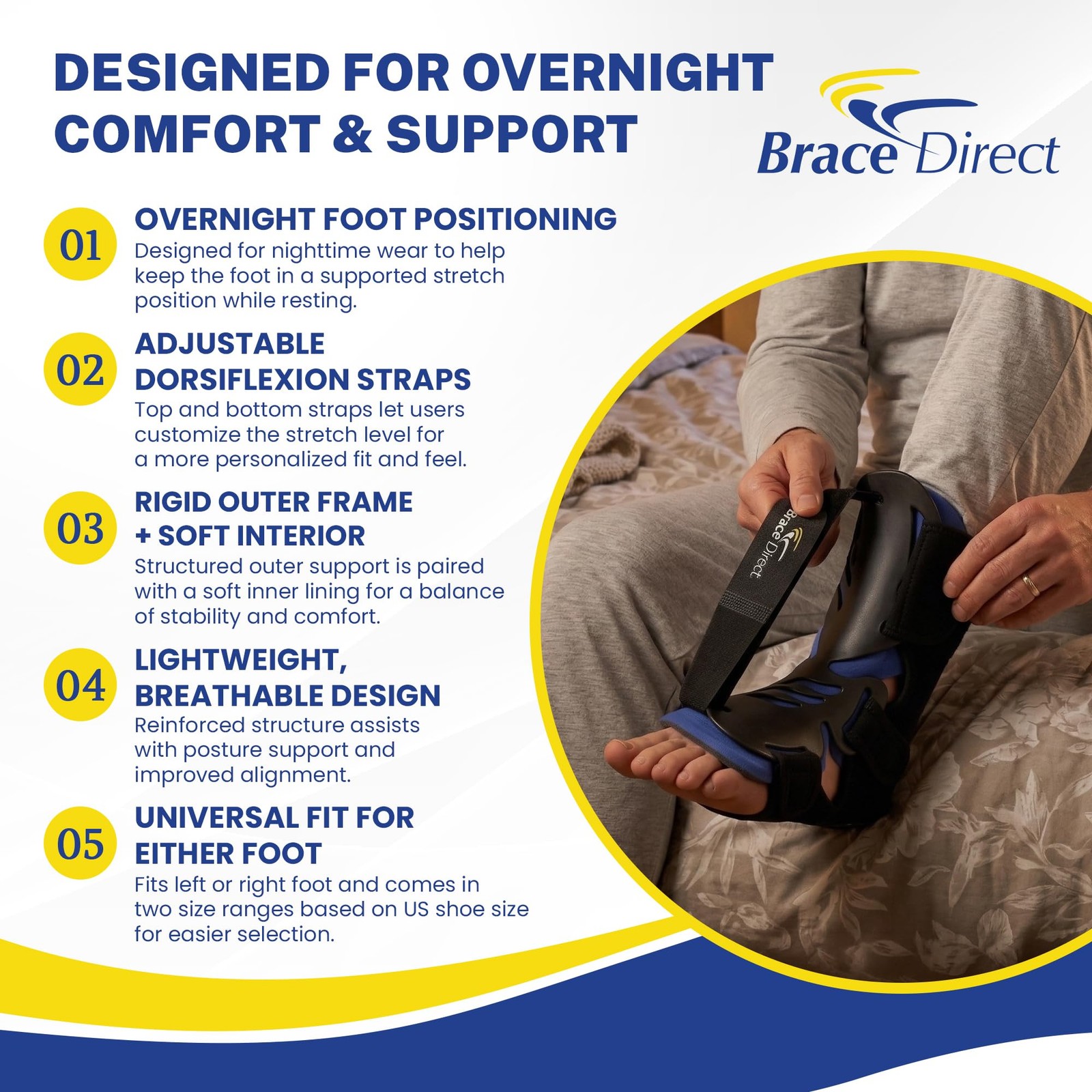 Brace Direct Night Splint for Plantar Fasciitis Heel Pain & Drop Foot