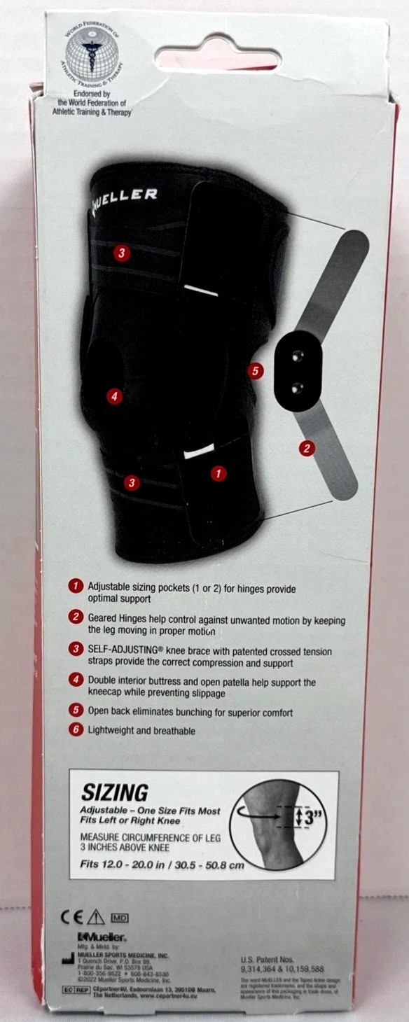 NEW Mueller Sports Medicine Self Adjust Hinged Knee Brace Max Support One Size