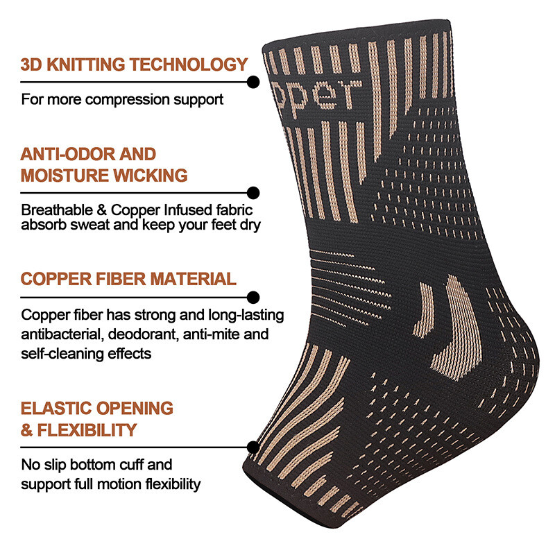 Copper Ankle Brace Support Compression Sleeve Socks Foot Fasciitis Pain Relief
