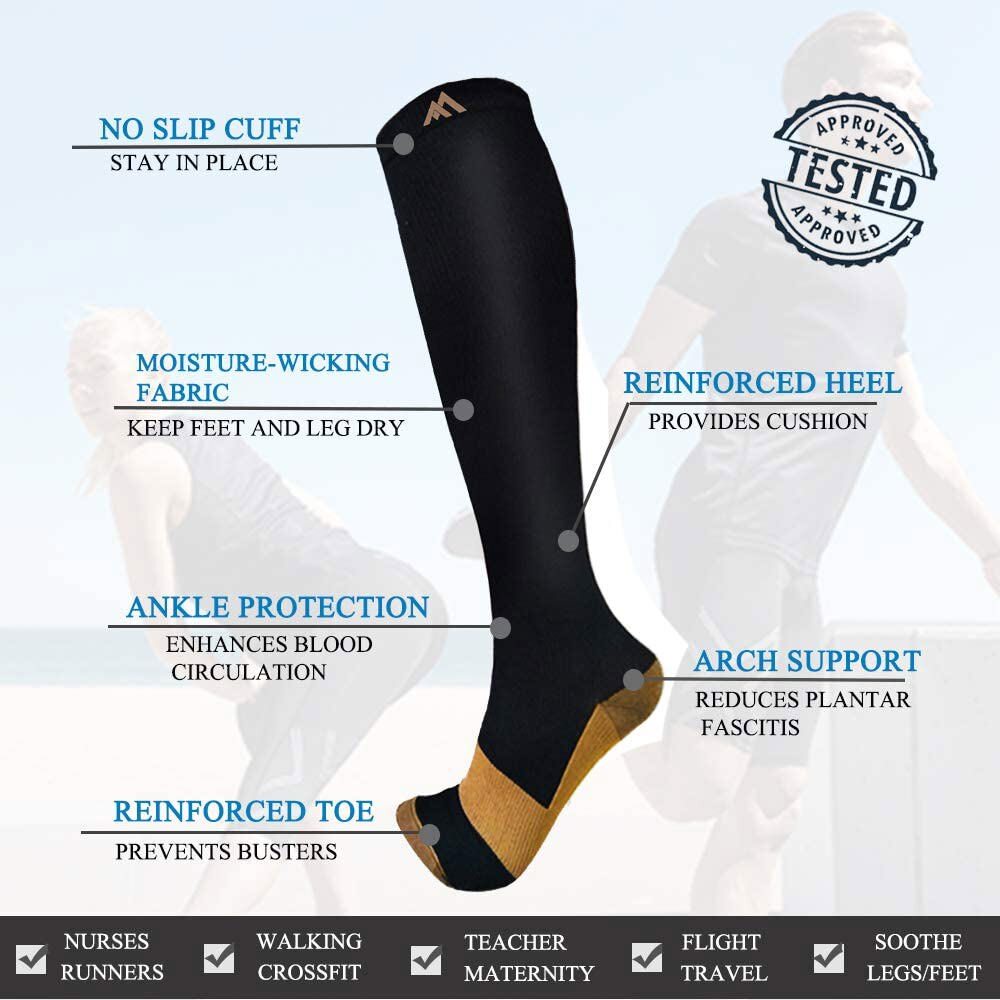(6 Pairs) Copper Compression Socks 20-30mmHg Graduated Support Mens Womens S-XXL