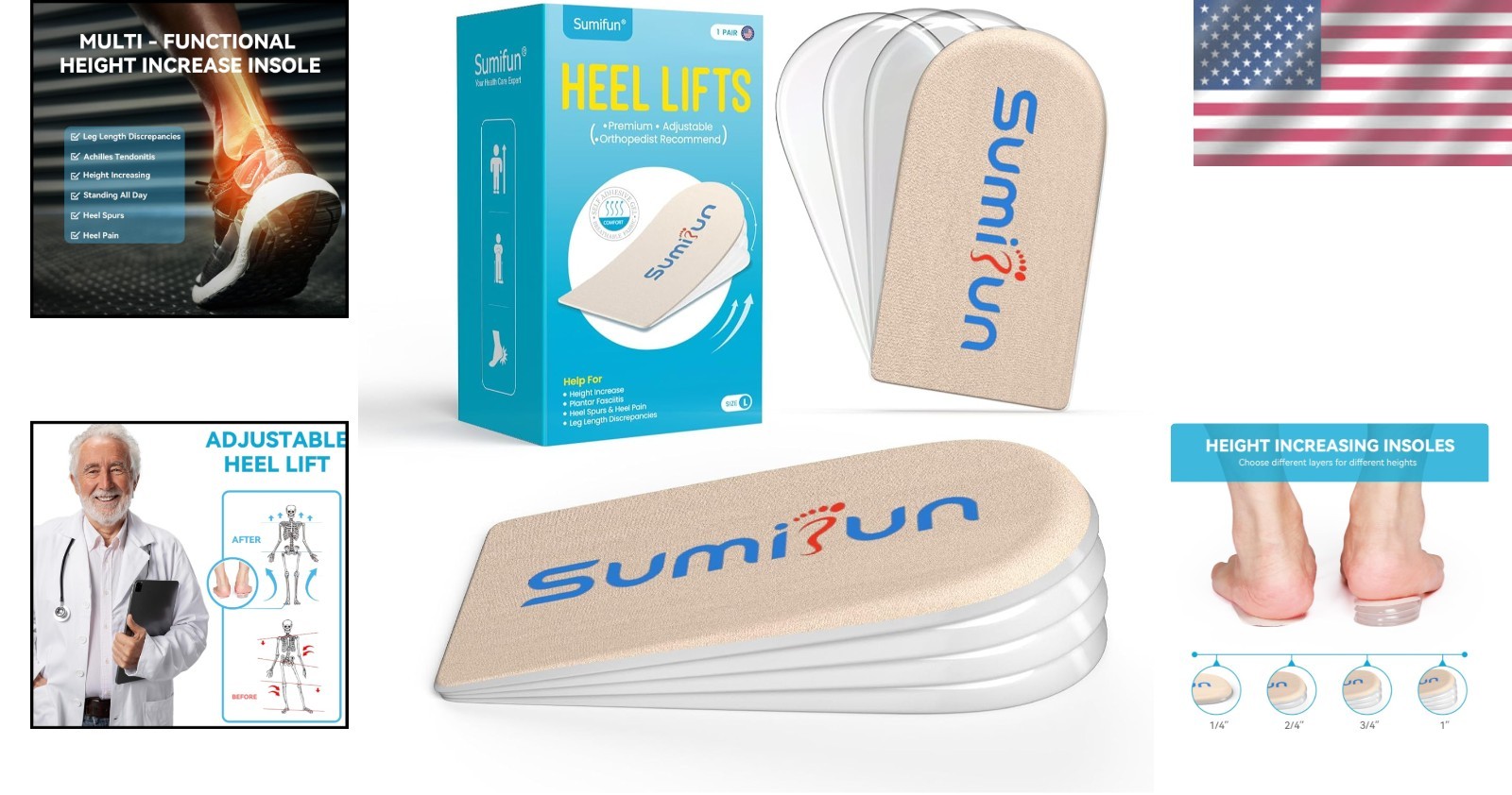Adjustable Gel Heel Lifts (1 Pair), 1″ Height Increase Insoles with High-Density