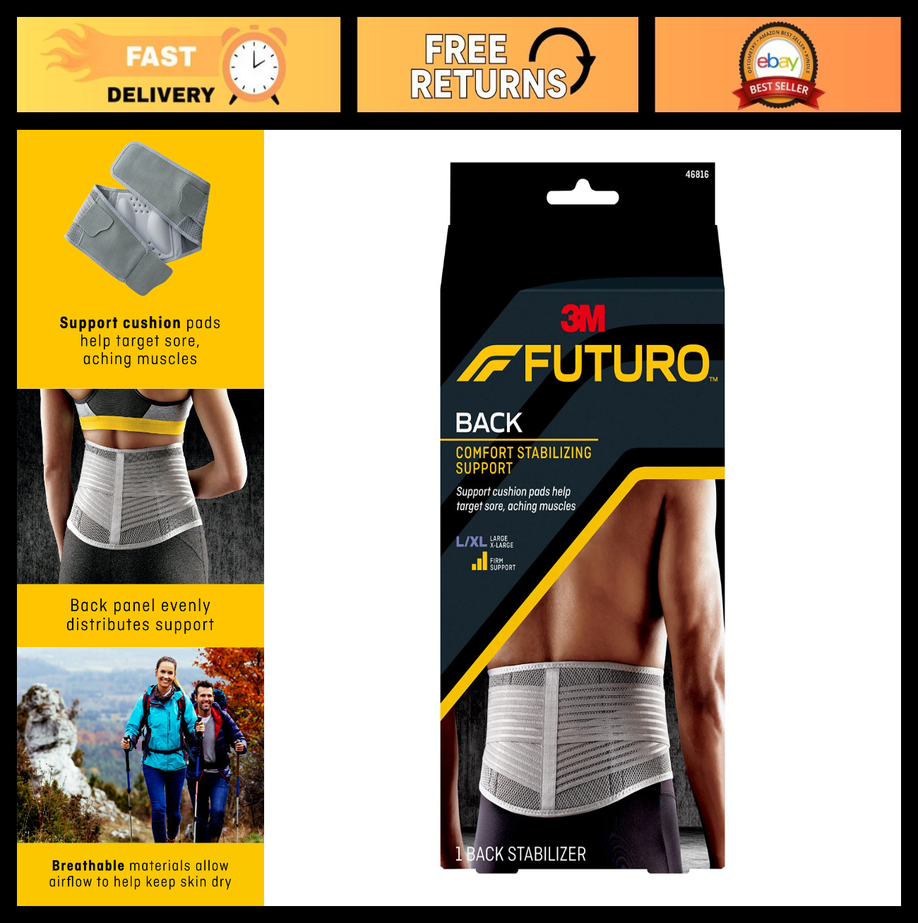 Comfort Stabilizing Back Support Brace, Adjustable L/XL, Pain Relief, Posture Ai