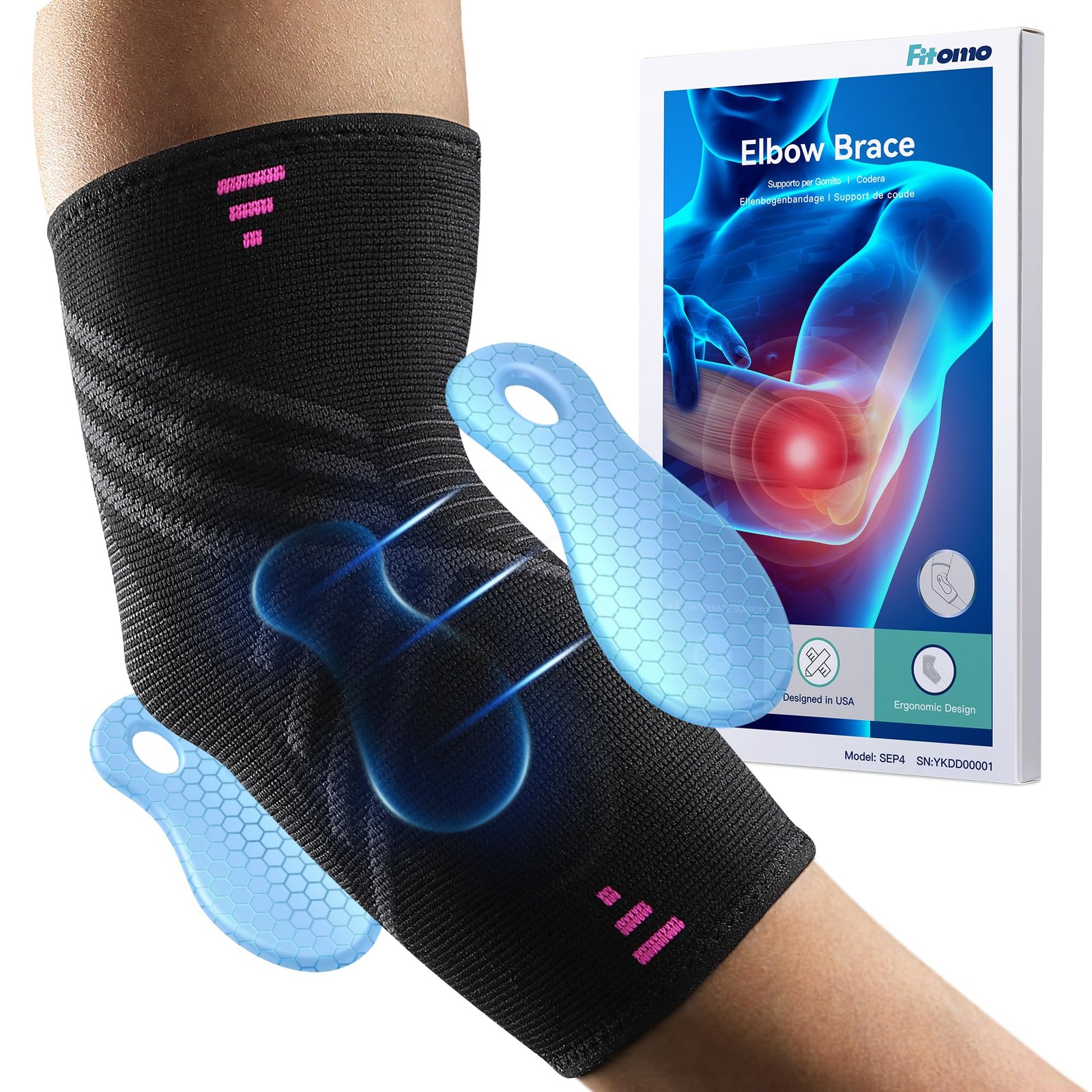 Fitomo Tennis Elbow Brace for Men Women with 2 Contoured Gel Pads, M, Black