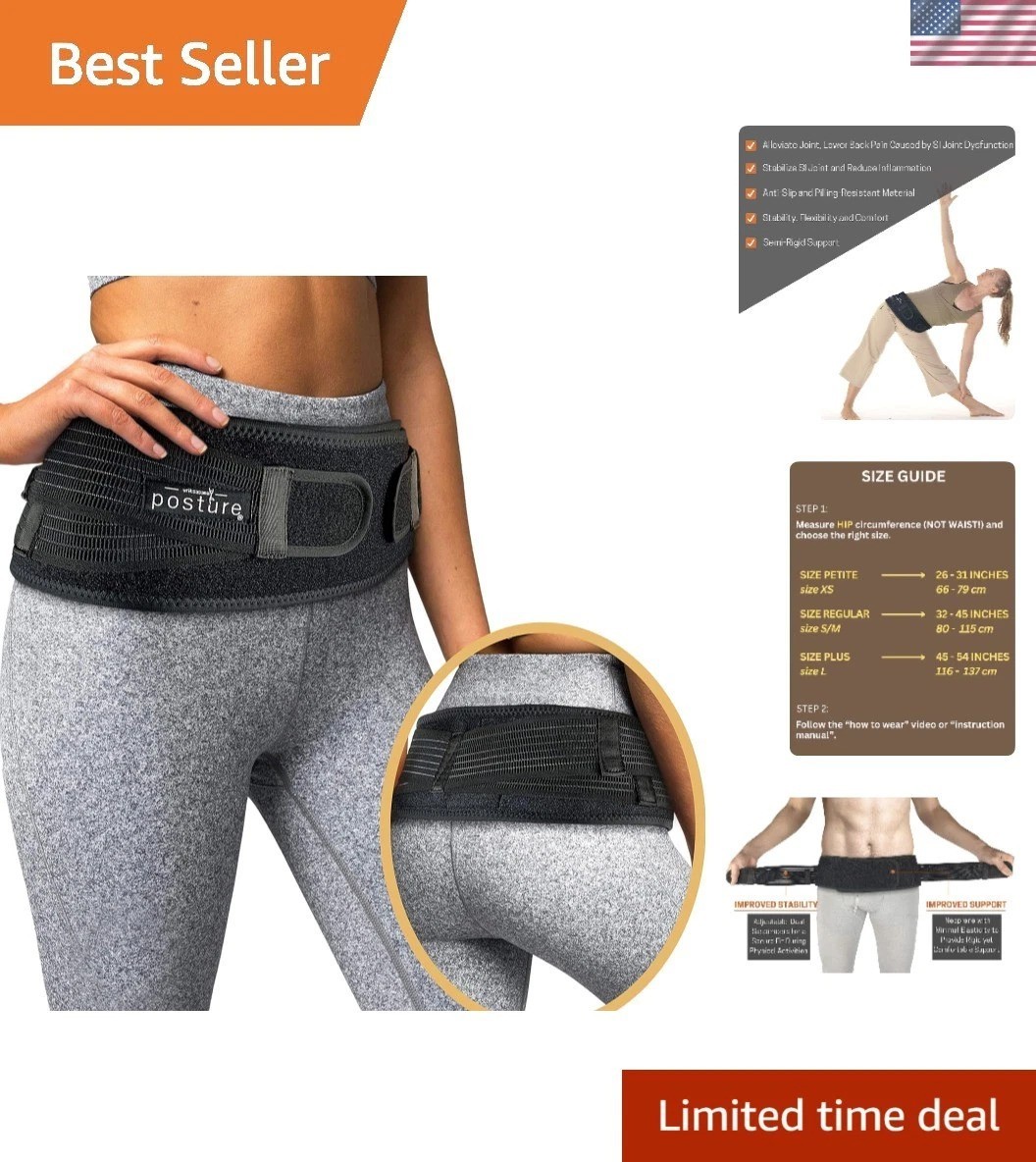 Versatile Sacroiliac Belt for Lower Back & Hip Pain Relief | Regular Fit, Black