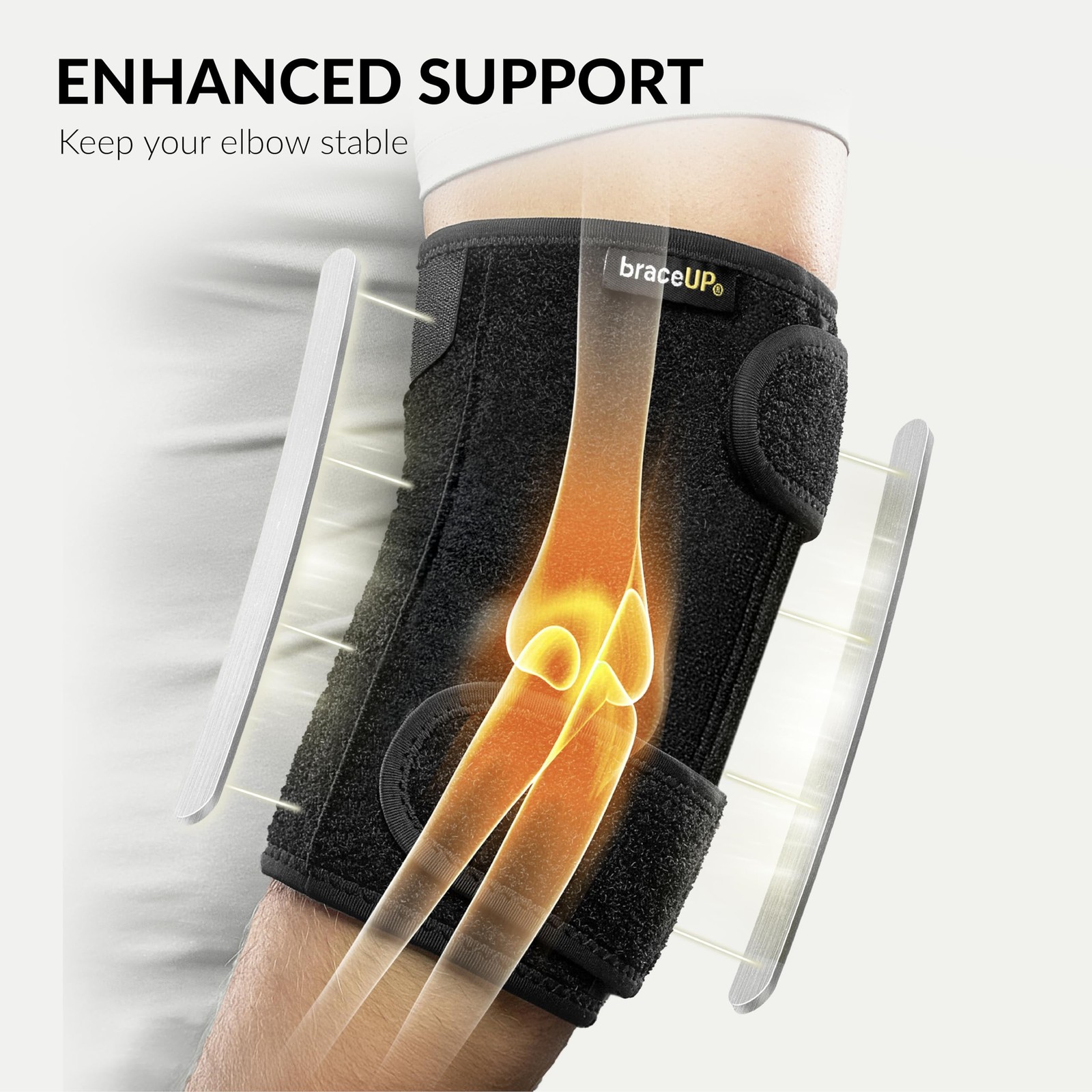 BraceUP Elbow Brace with Metal Splints – Adjustable Support One Size, Black