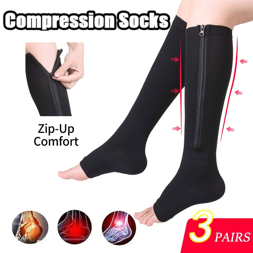 1/3 Pairs Of 20-30mmhg Open Toe Knee High Pain Compression Stockings with Zipper