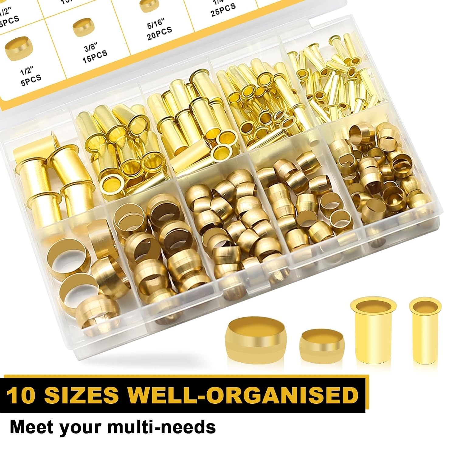 180PCS Brass Compression Sleeves & Inserts – Versatile Sizes Available