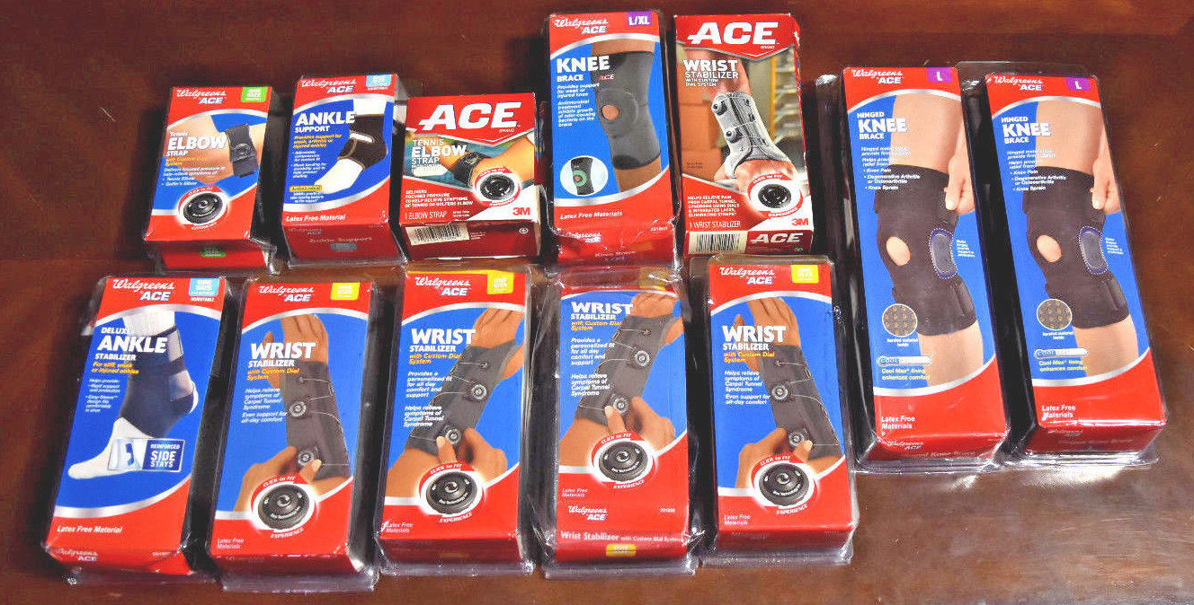 LOT 12 X WALGREENS KNEE BRACE, WREST STABILIZER, ELBOW STRAP, ANKLE SUPPORT ….