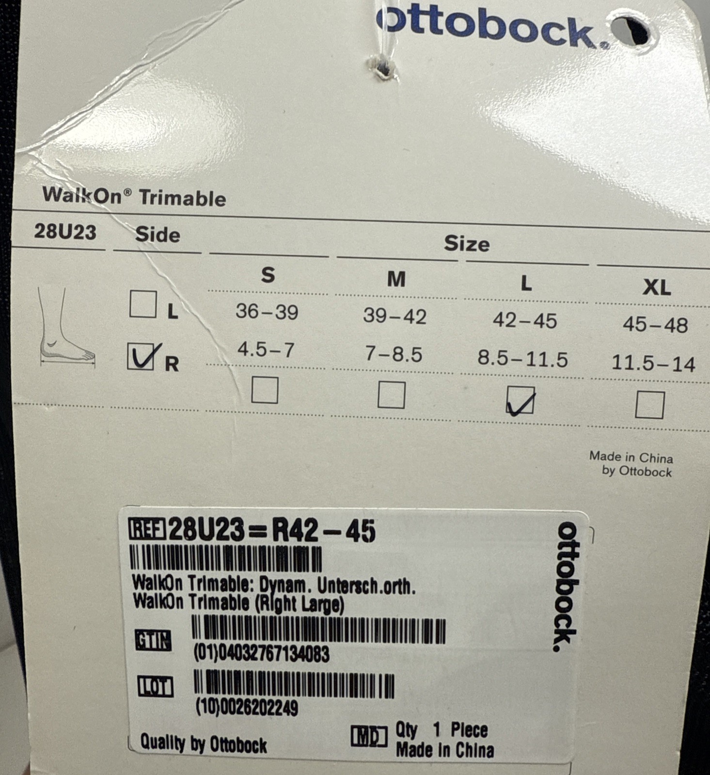 Ottobock WalkOn Trimmable AFO Drop Foot Brace Right Large 28U23 R42-45 Carbon