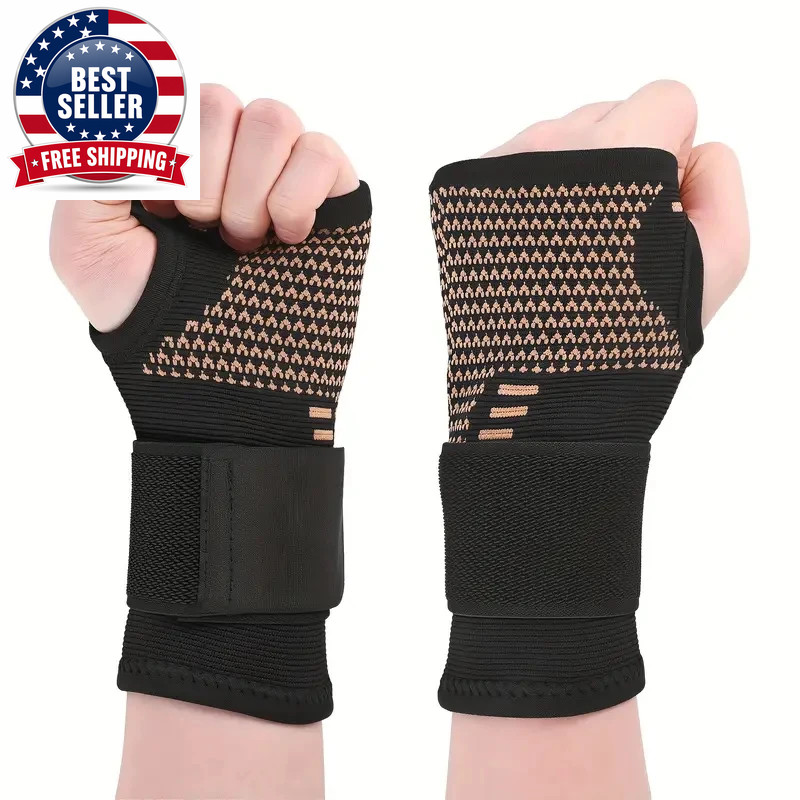 2Pcs Copper Fiber Wrist Brace Gloves – Adjustable Compression Hand & Wrist Suppo