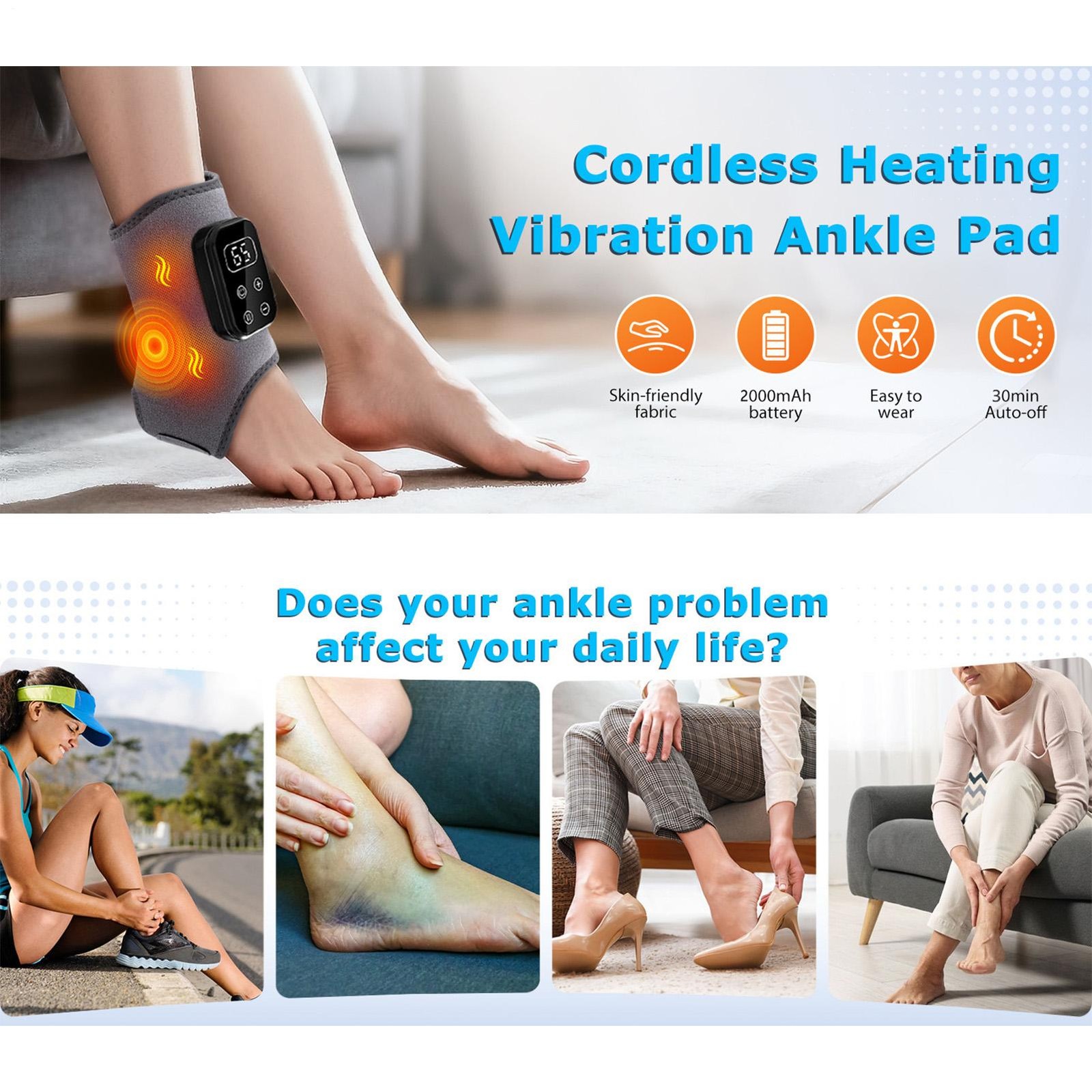 Electric Heated Foot Massager Cordless Brace Wrap With Vibration Ankle Massager