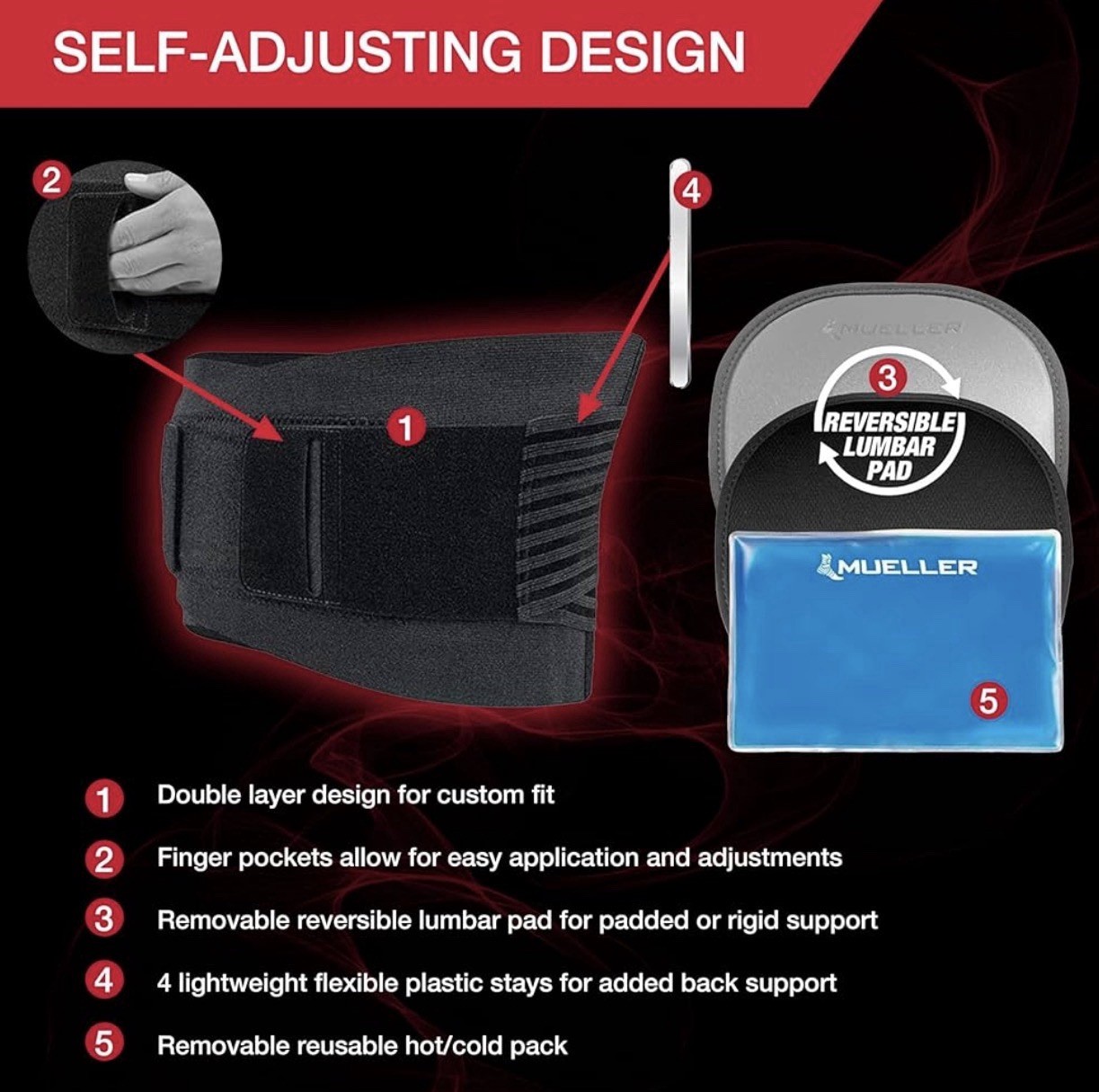 MUELLER Sports Medicine 4-in-1 Lumbar Back Brace with Hot/Cold Pack