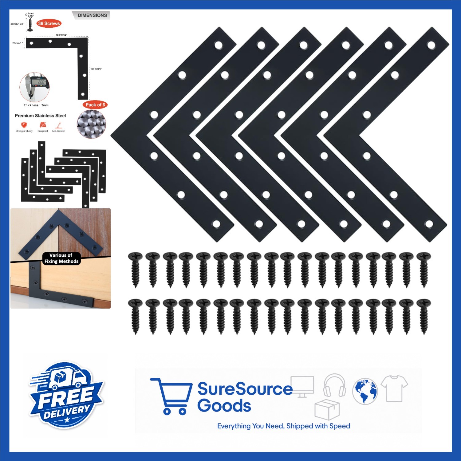 Heavy-Duty L Brace 150x150mm Black Stainless Steel Corner Bracket 6 PCS