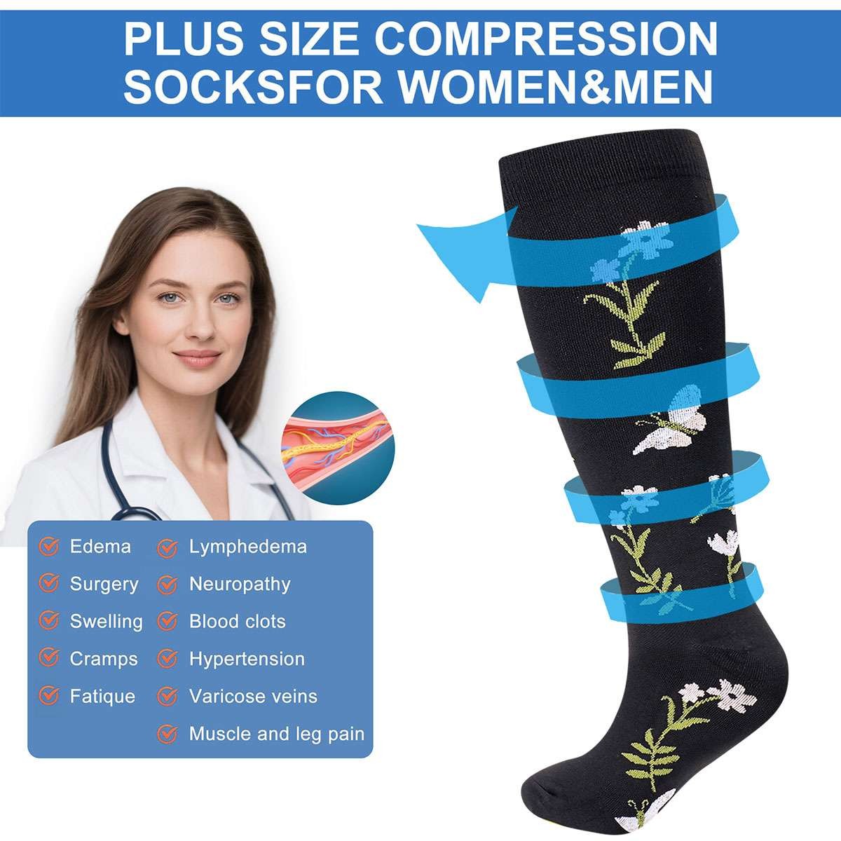 Plus Size Compression Socks for Men and Women Unisex Wide Calf 2XL-4X-Large US