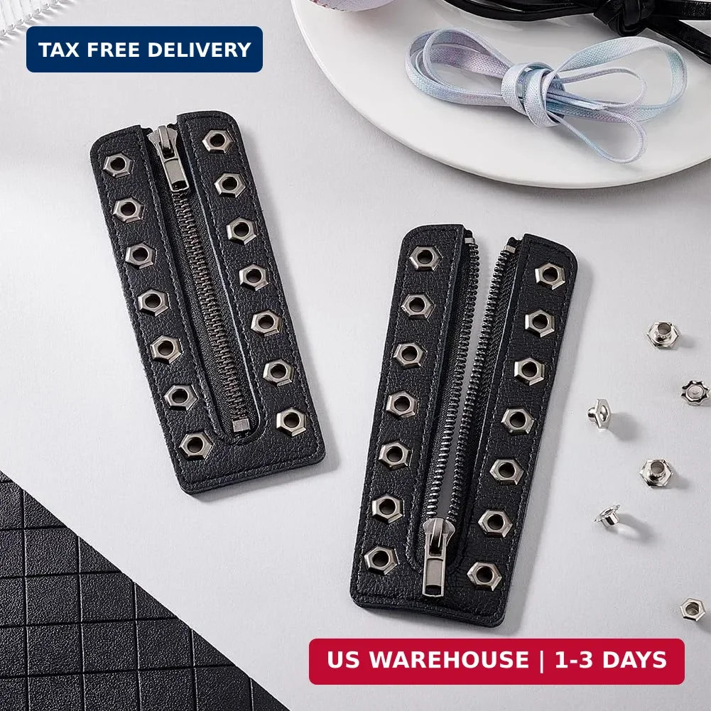 2pcs Leather Lace-in Boot Zipper Inserts, 6.3 x 2.2 Inch Black Cowhide Tieless S