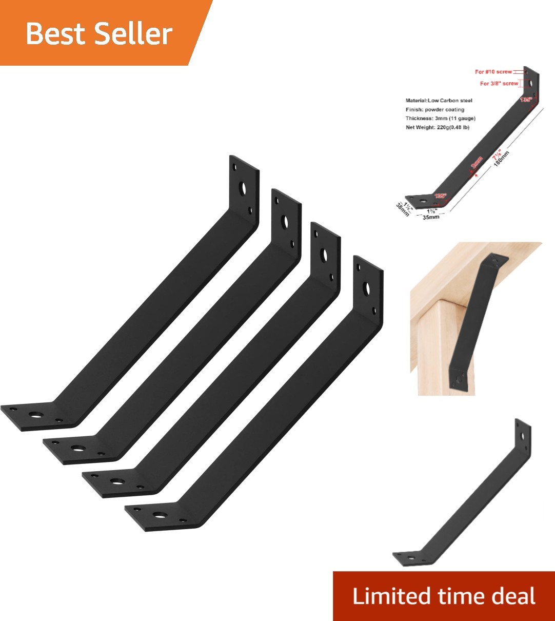 4 Heavy-Duty 45-Degree Angle Bracket Straps – 11 Gauge Low Carbon Steel