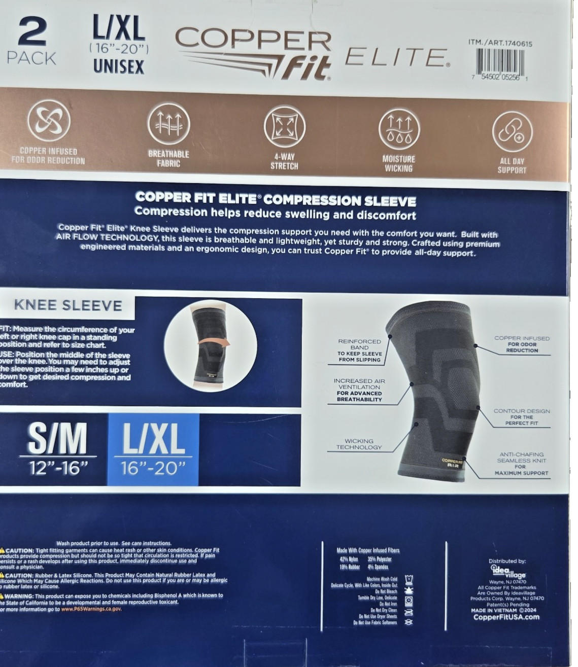 Copper Fit Elite Compression Knee Sleeve 2 Pk L XL 16-20″ Airflow NEW Open BO