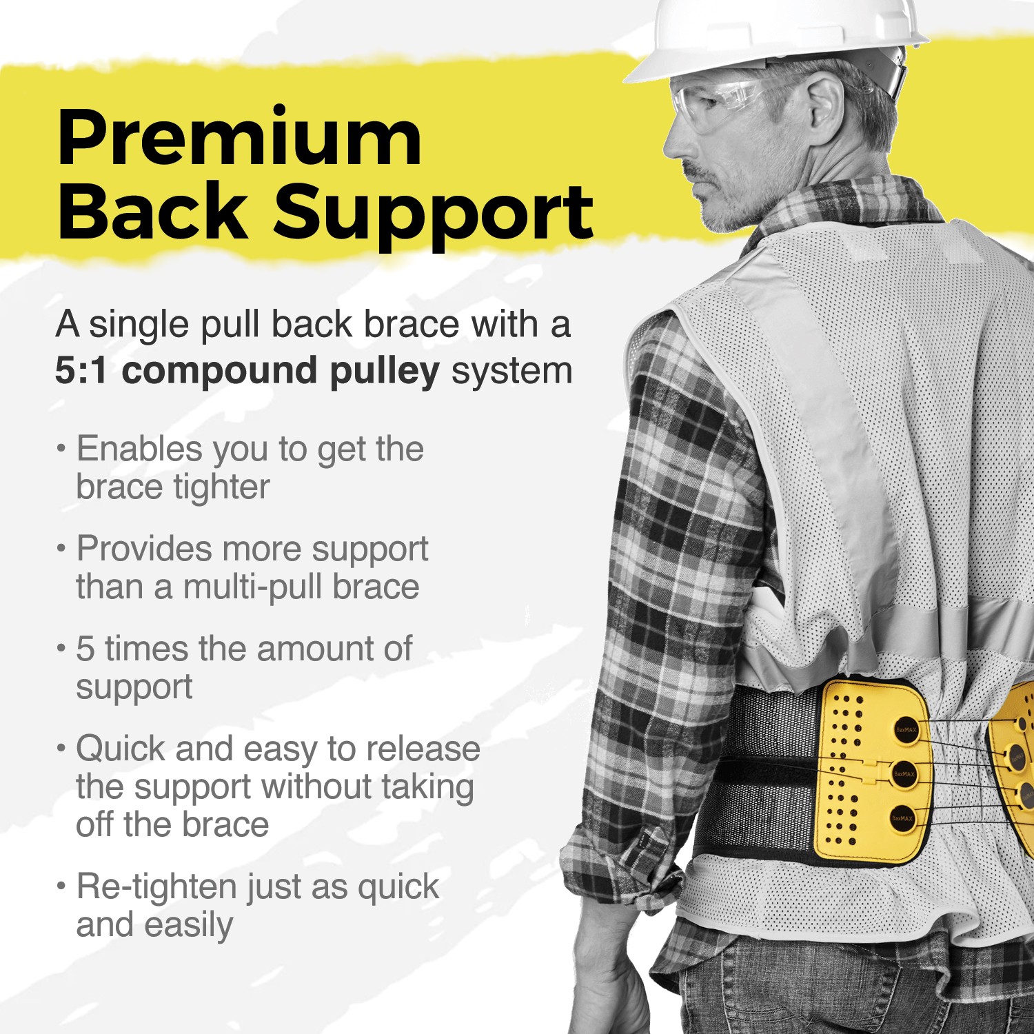 BaxMAX Adjustable Back Brace with 5-to-1 Compression Pulley System for Lumbar