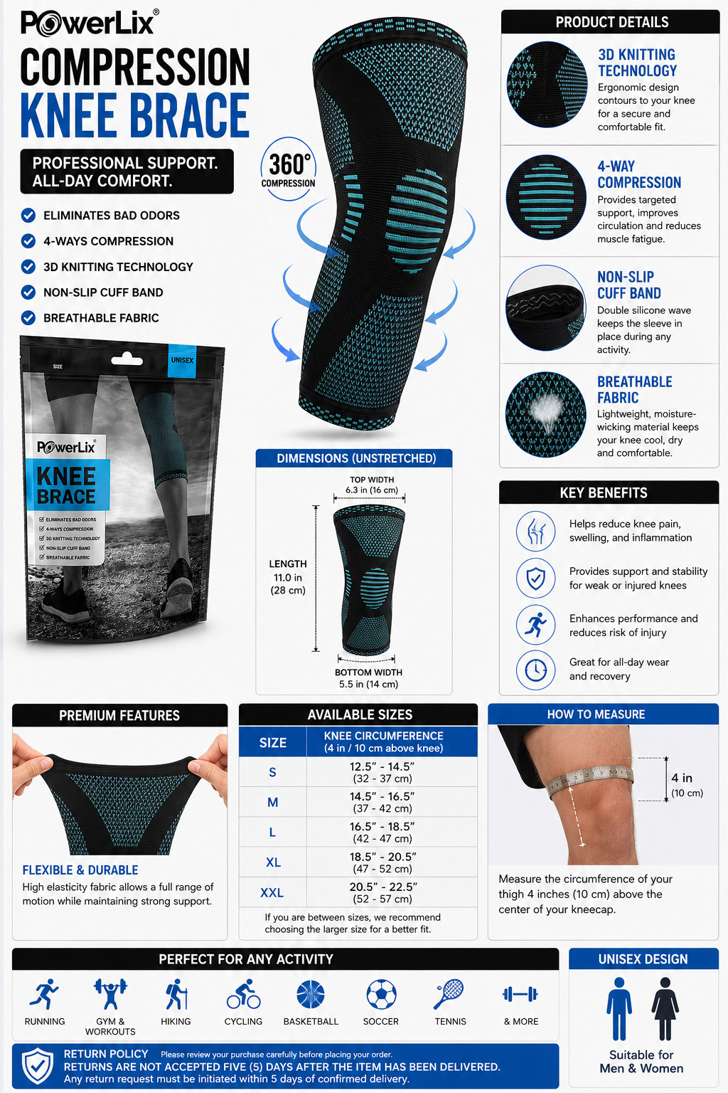 Compression Knee Sleeve Knee Brace for Meniscus Tear, Arthritis, Quick Recovery