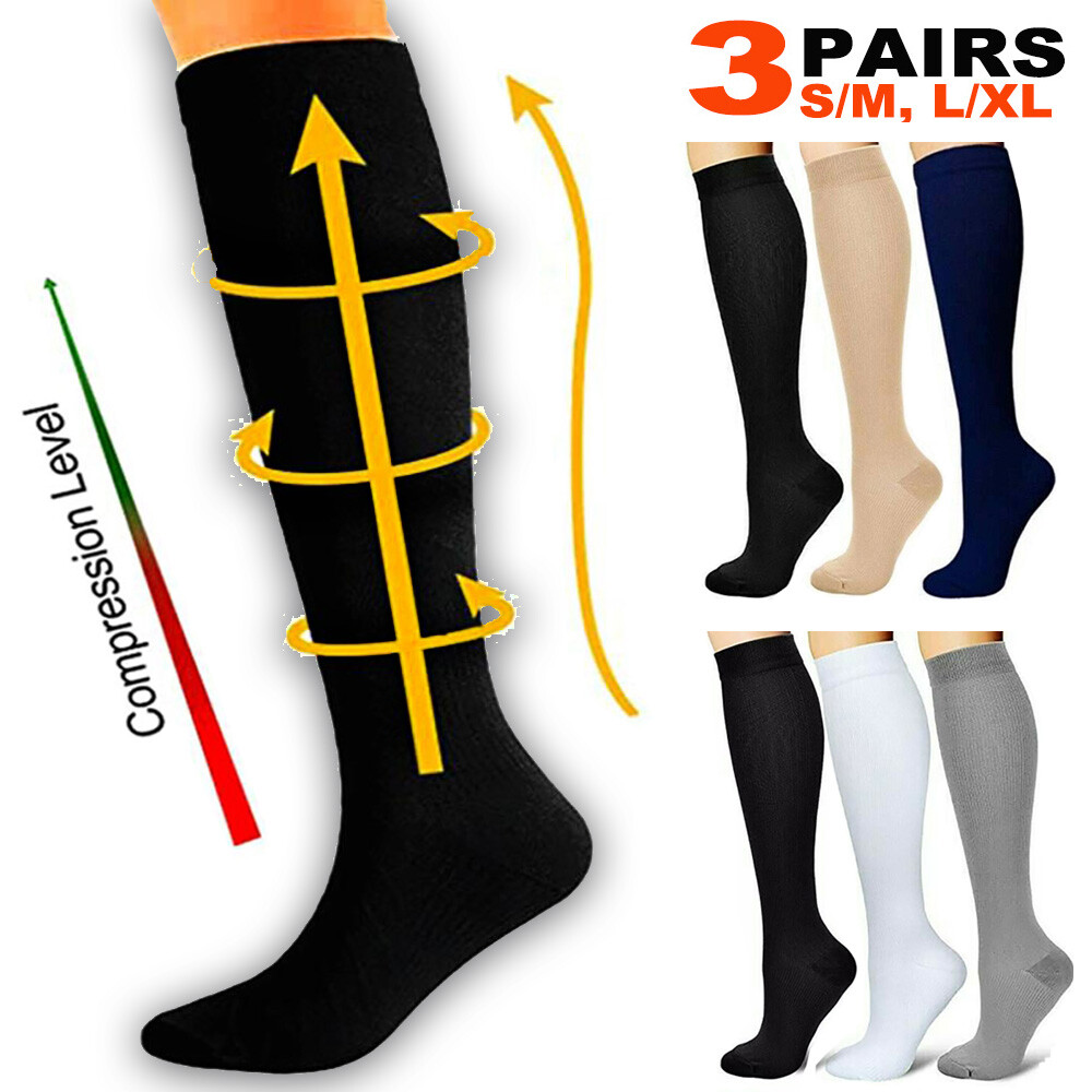 3Pairs Compression Socks 20-30 mmhg Knee High Running Sport Long Stockings Ankle