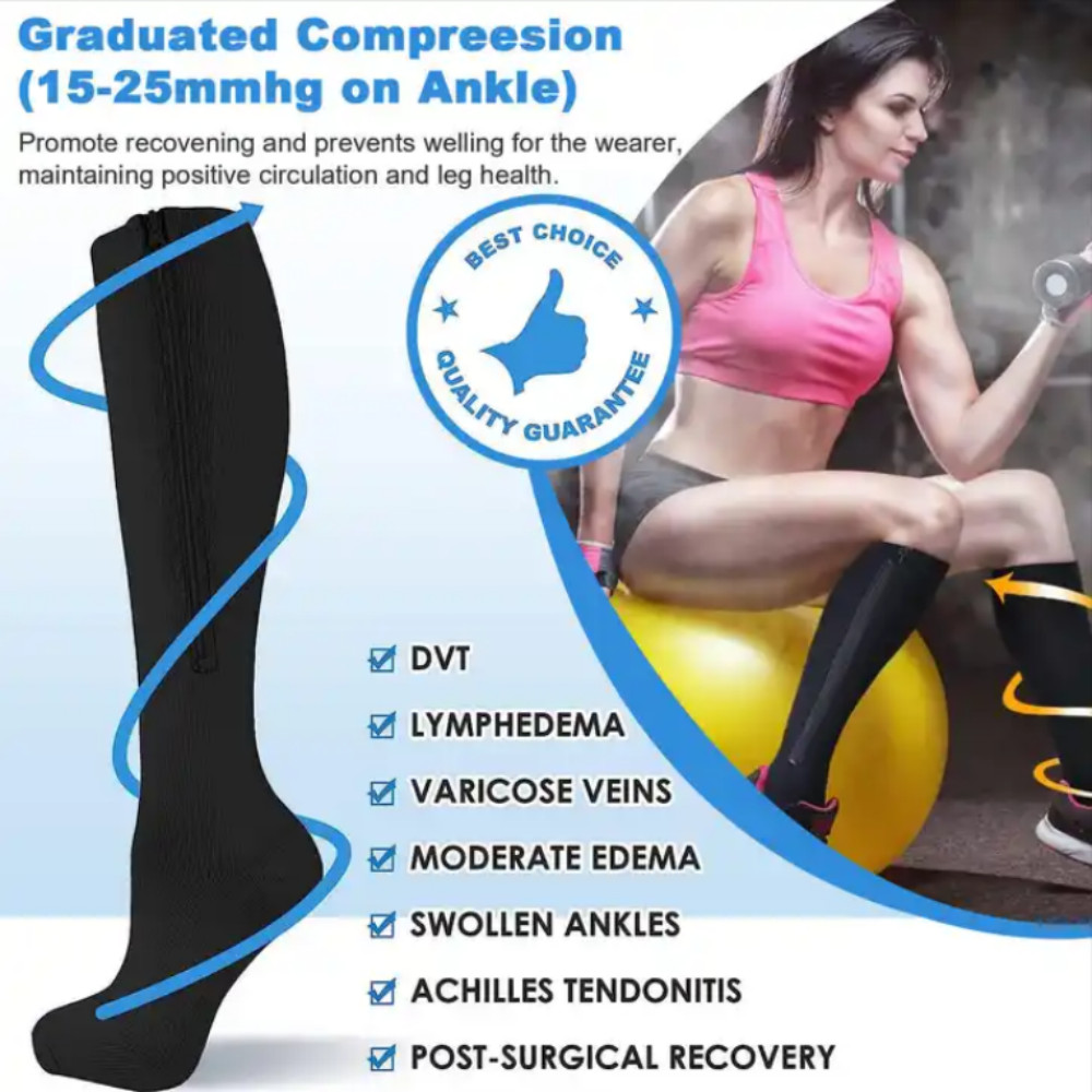 Zip Up Knee High Compression Socks DVT, Shin Splints for Circulation Support