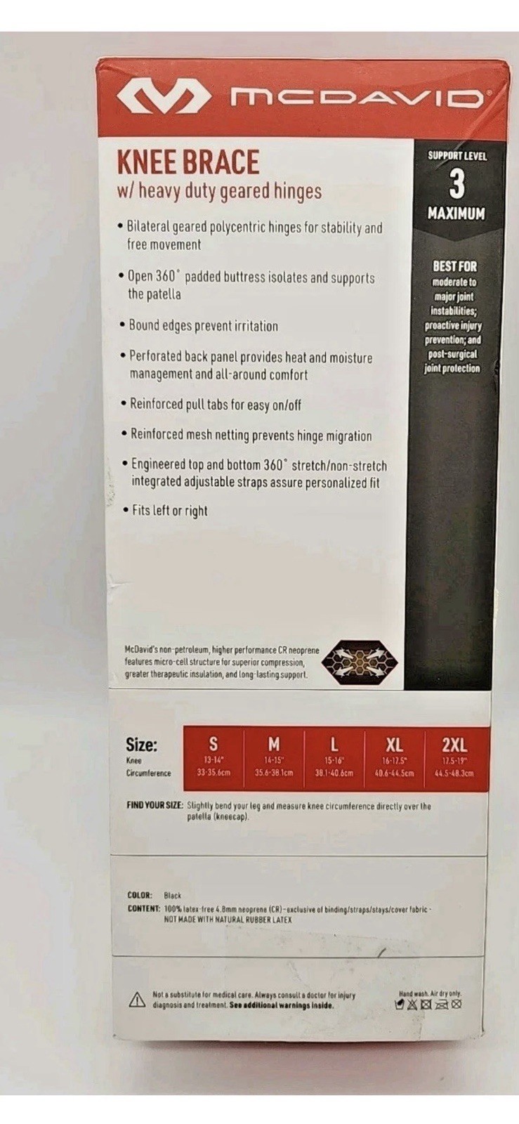 McDavid 429-01-32.2 Hinged Knee Brace – Black Size Small Level 3 Support Open Bo