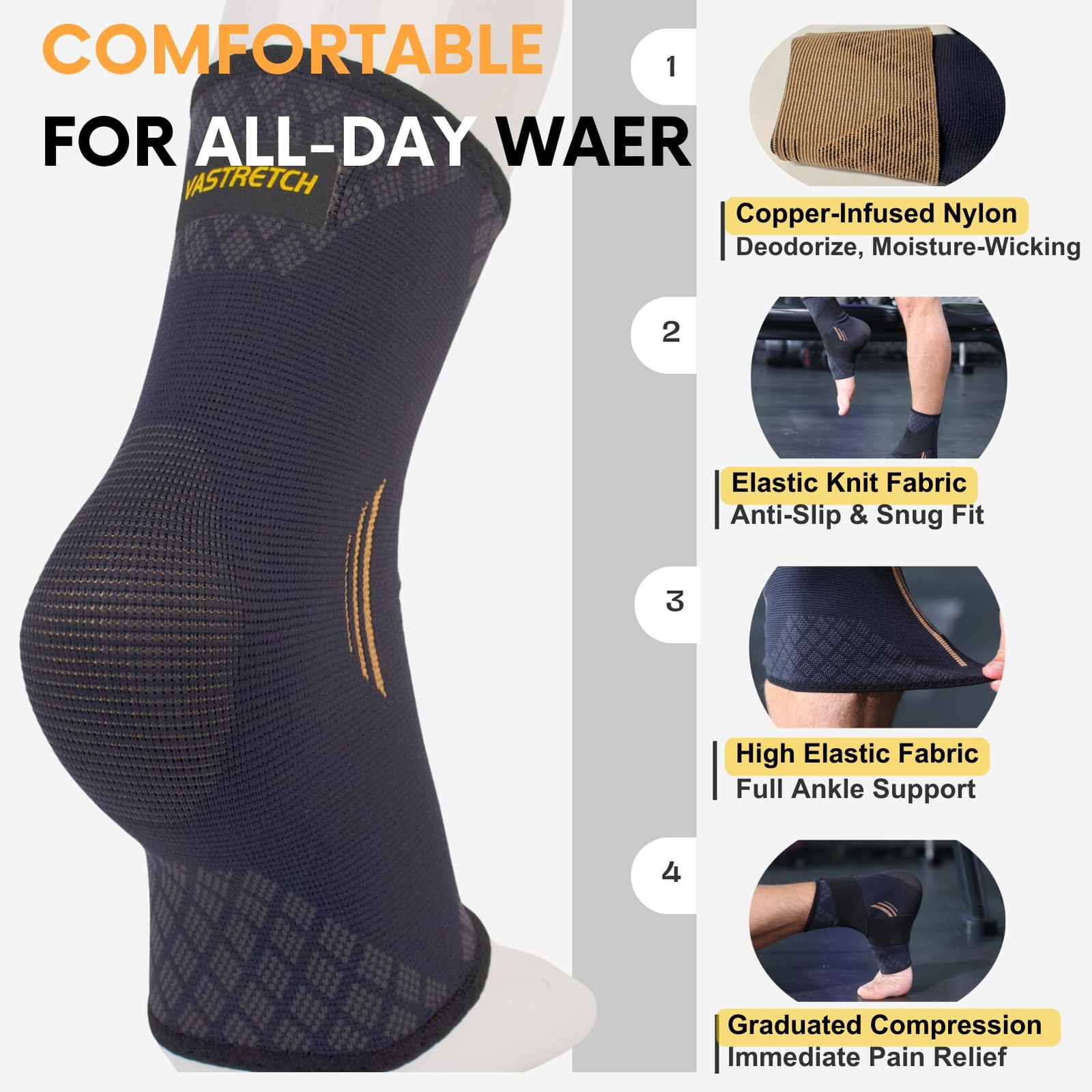 VaStretch Ankle Brace Support and Compression Sleeve with Large