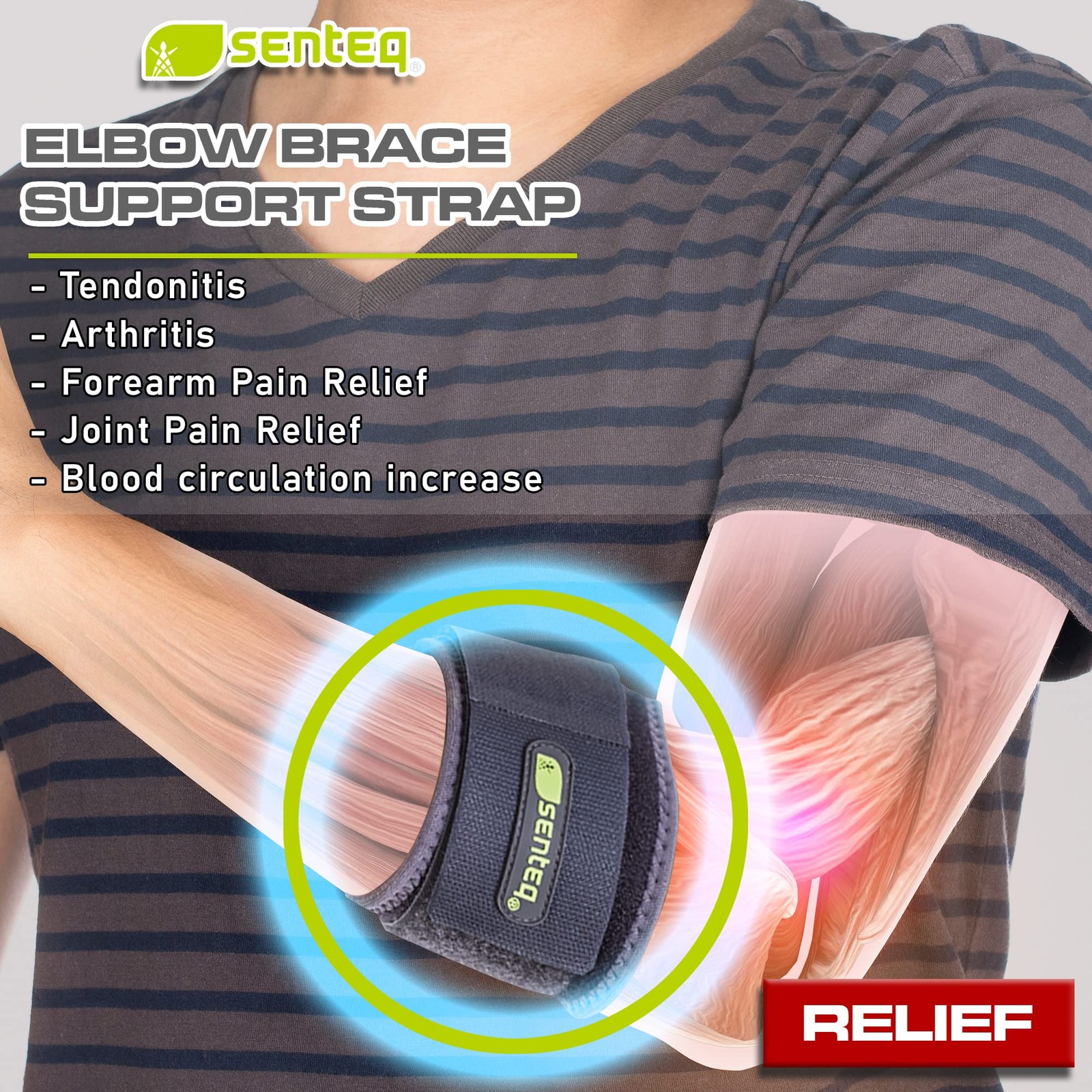 Elbow Brace Support Strap – Forearm Compression Sleeve, Tennis Elbow Brace fo…