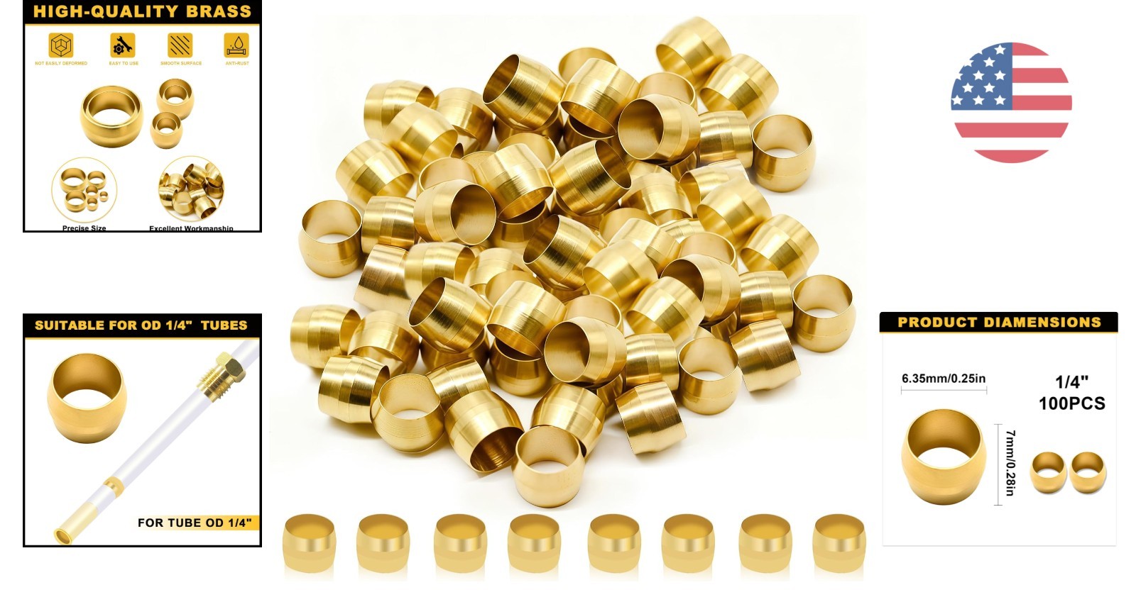 100PCS 1/4″ Brass Compression Sleeves Ferrules for Reliable Fluid Connections