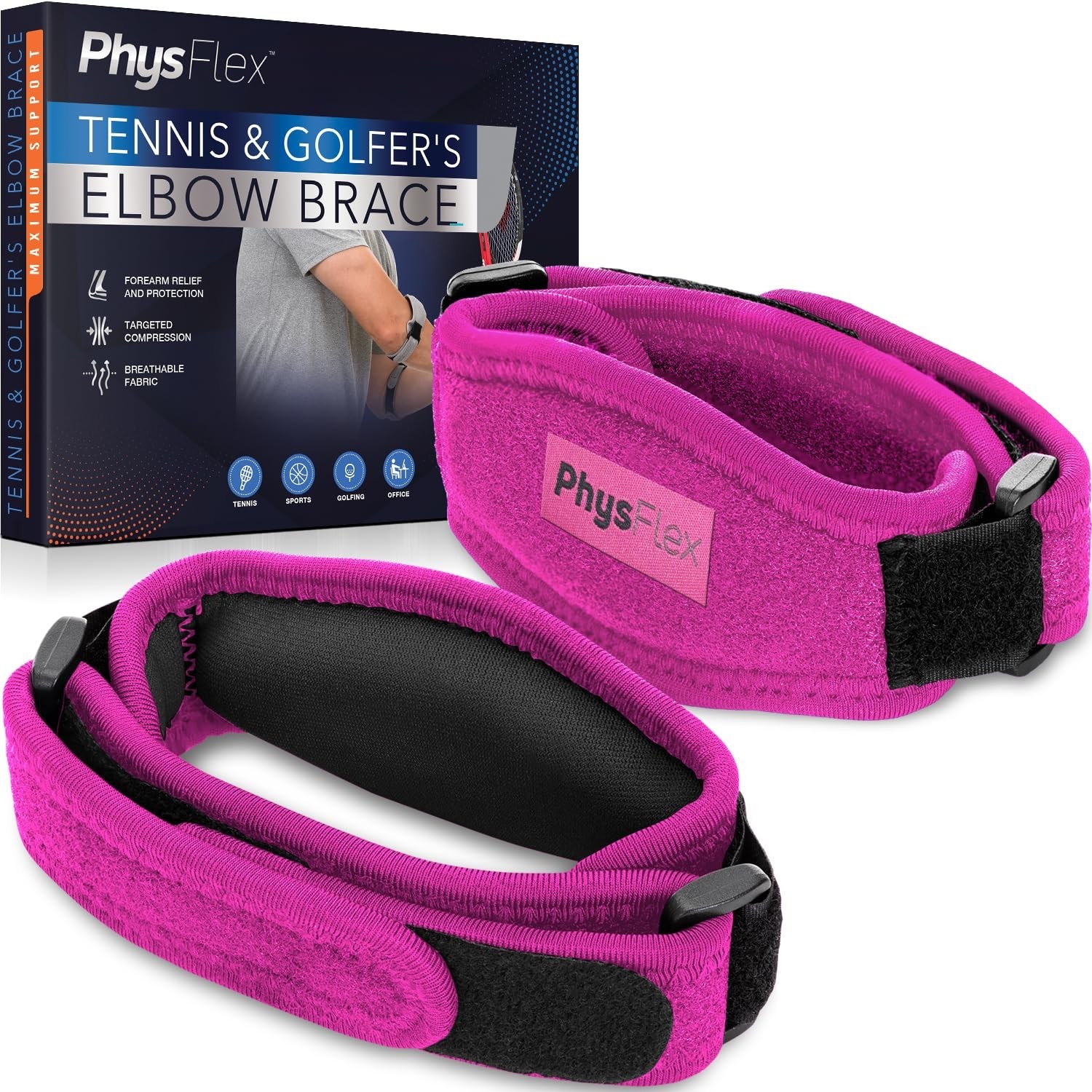 Adjustable Elbow Brace 2-Pack for Men & Women – Tennis/Golfer’s Support Strap, P
