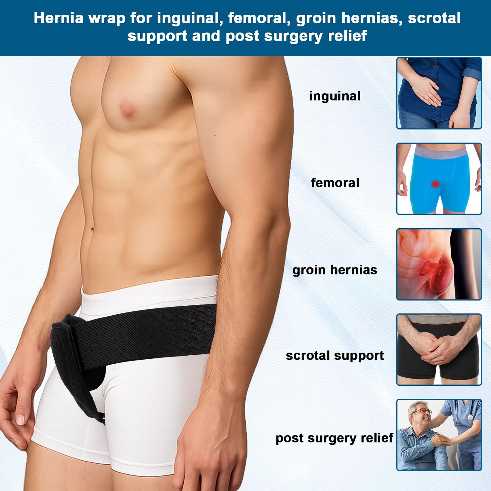 Adjustable Inguinal Hernia Support Belt Truss Removable Compression Pads