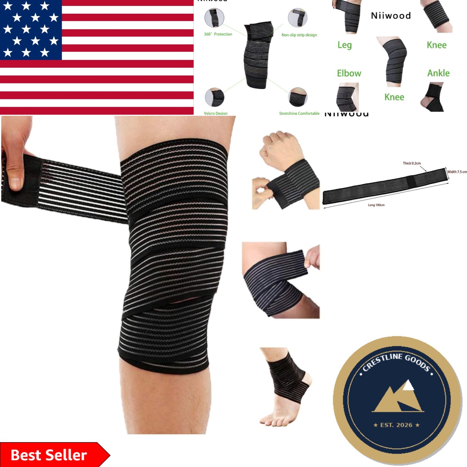 Multi-Functional Compression Bandage for Knee, Ankle & Elbow Support – Black