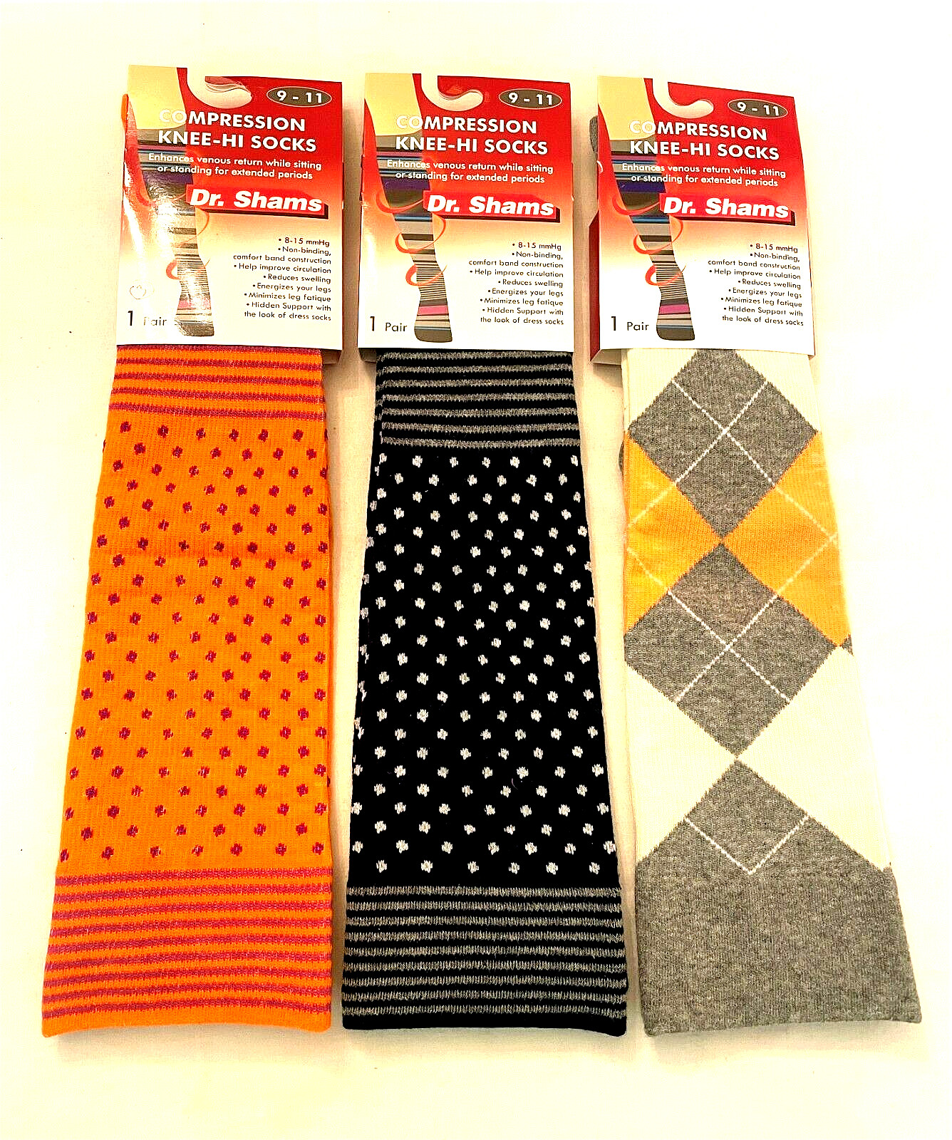 3 pair Compression Socks Size 9-11 Knee High Socks Dr. Shams Moderate 8-15 mm Hg