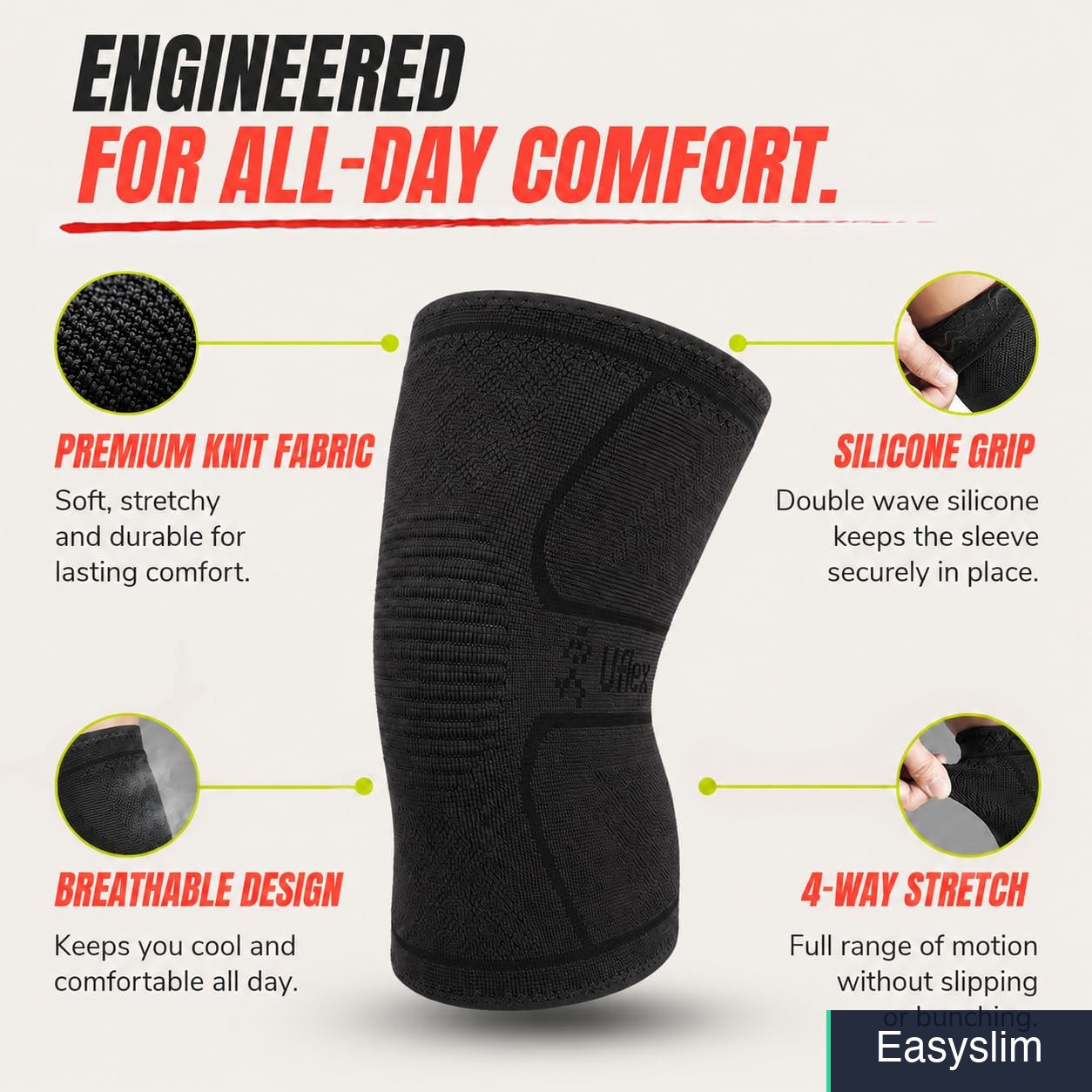 Knee Compression Sleeve Support Brace 4-Way Stretch Black Medium