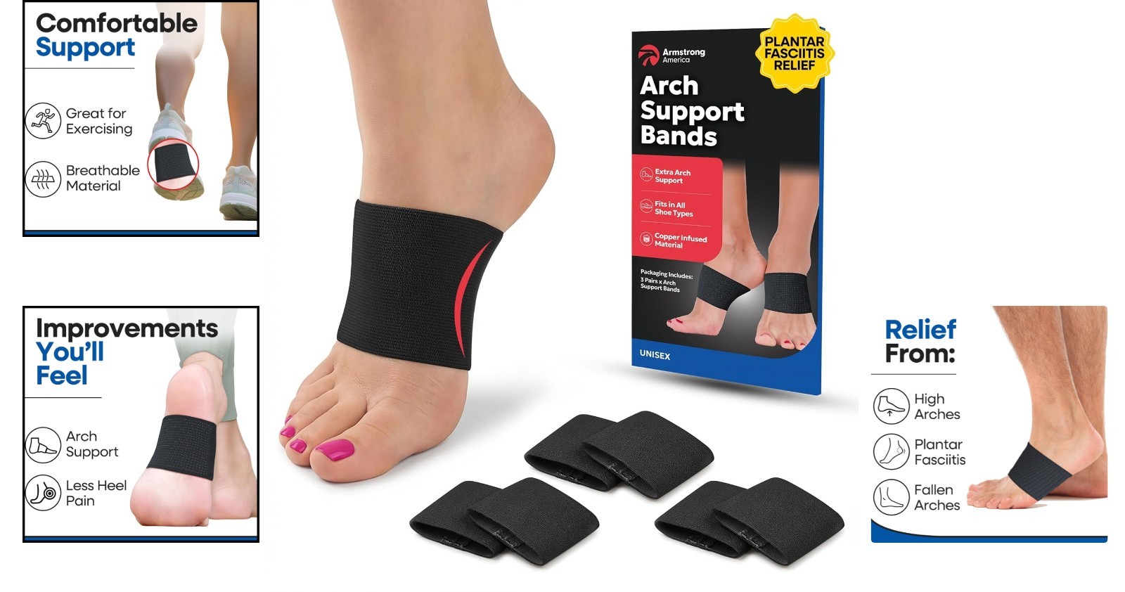 Versatile Foot Arch Support Bands for Flat Feet & High Arches – Black, 6 Count