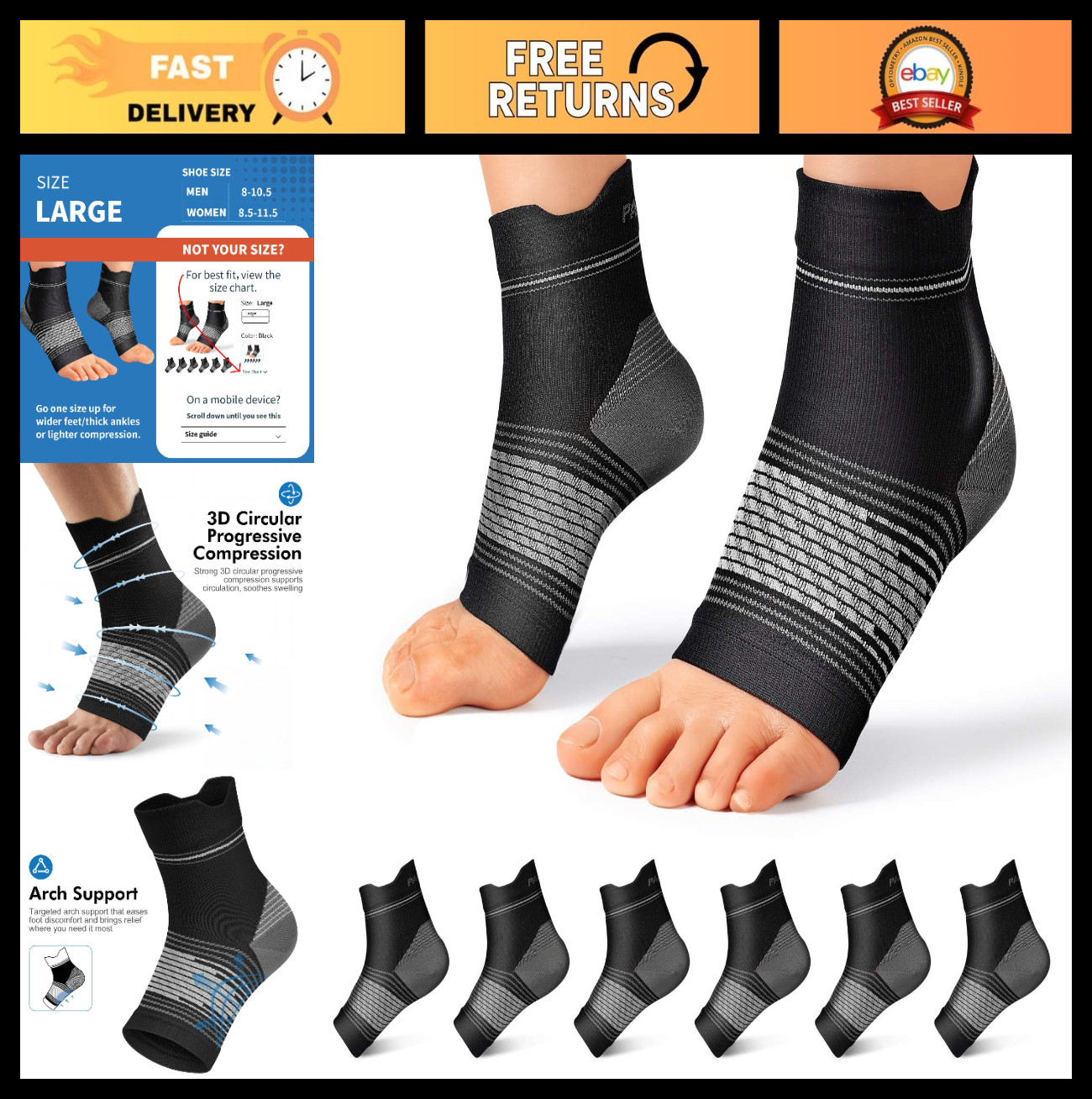 6 Pairs Compression Ankle Socks for Plantar Fasciitis & Heel Pain Relief, Large