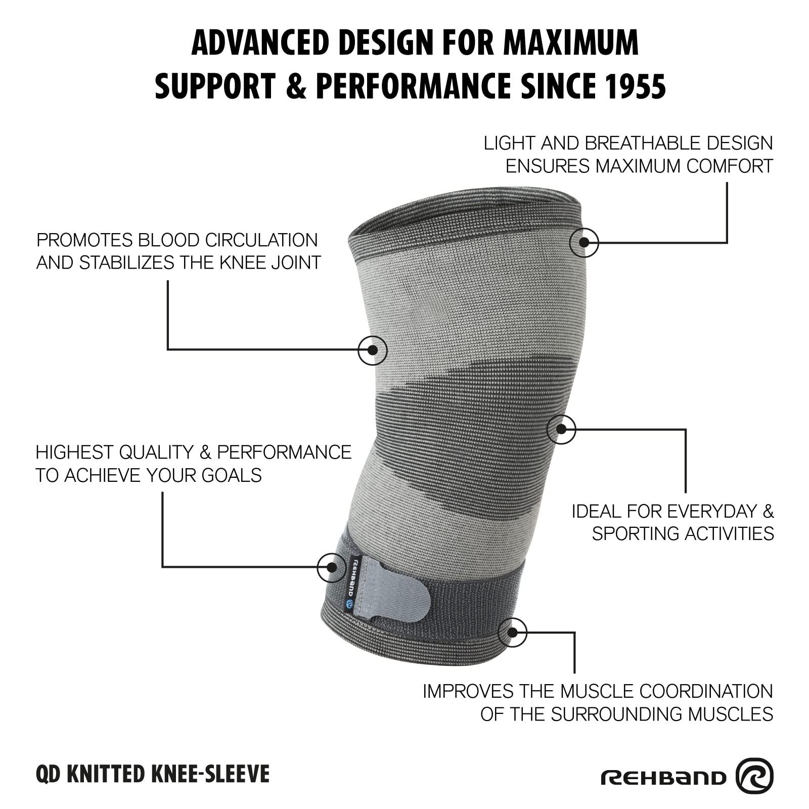 Rehband Compression knee sleeve, elastic brace for sports & Large, Grey