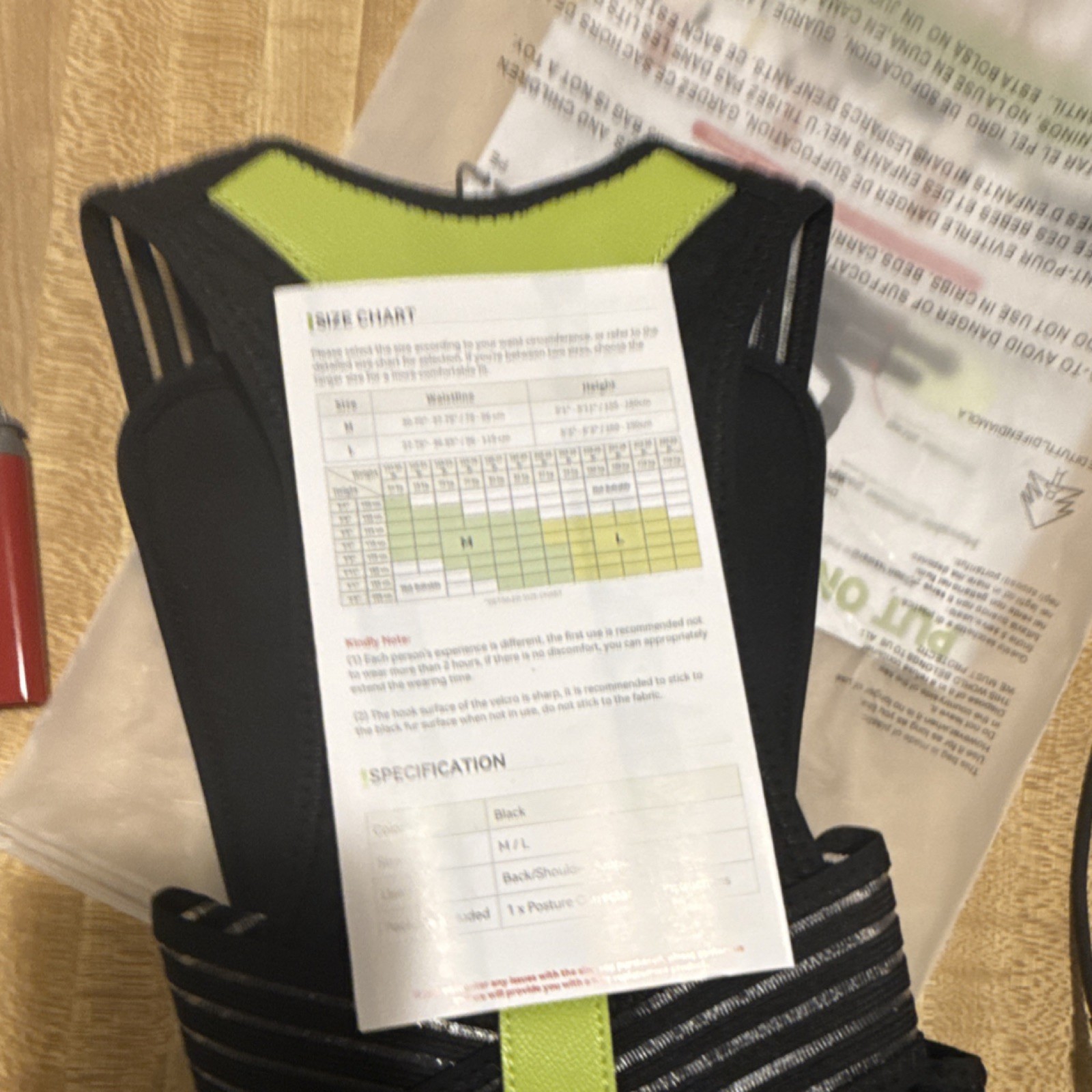 Adjustable Black Green Fabric Posture Corrector for Back Shoulder M/L Unisex