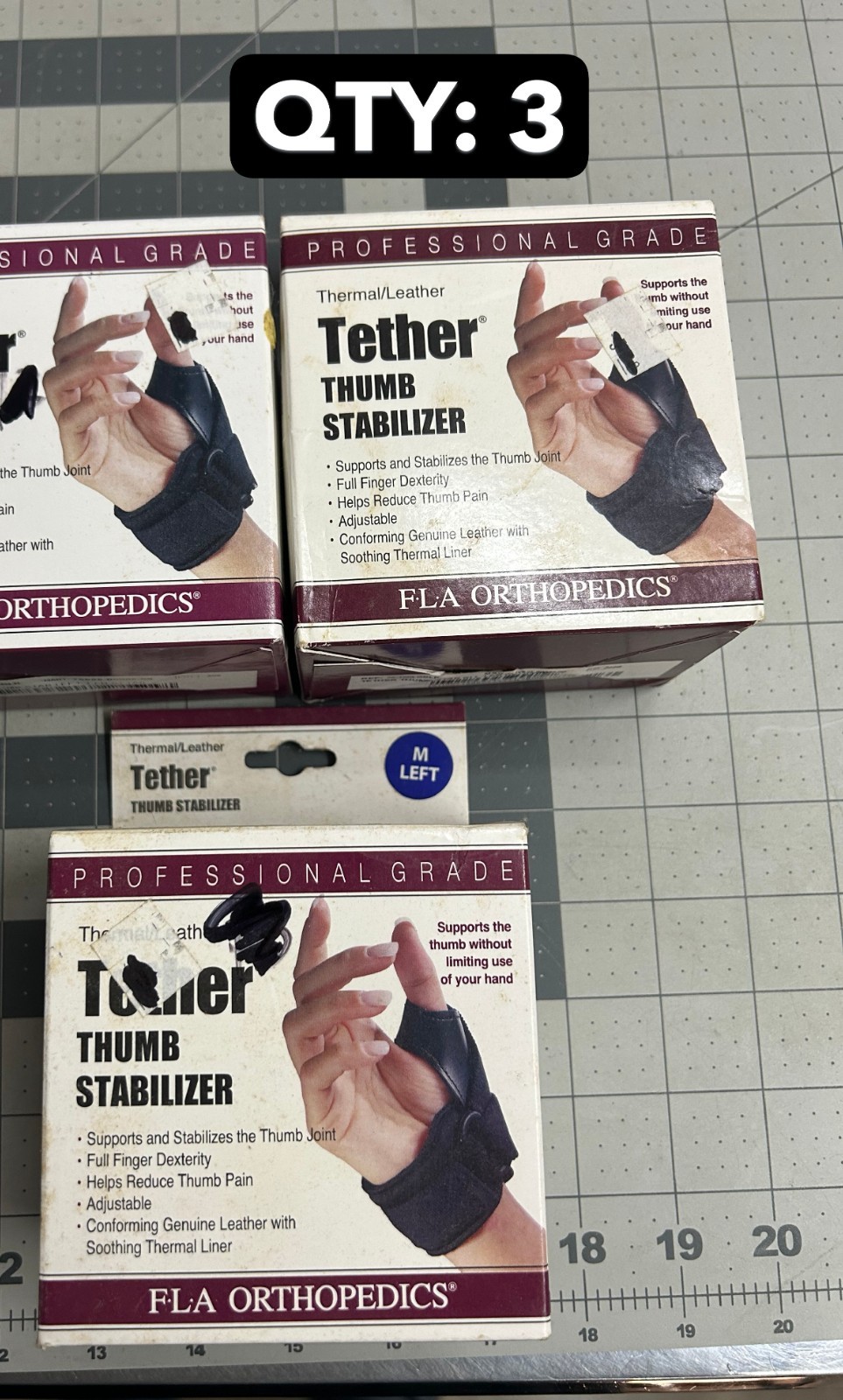 NOS 3-pack lot FLA leather Tether Left Hand Thumb Stabilizer Black Large Medium